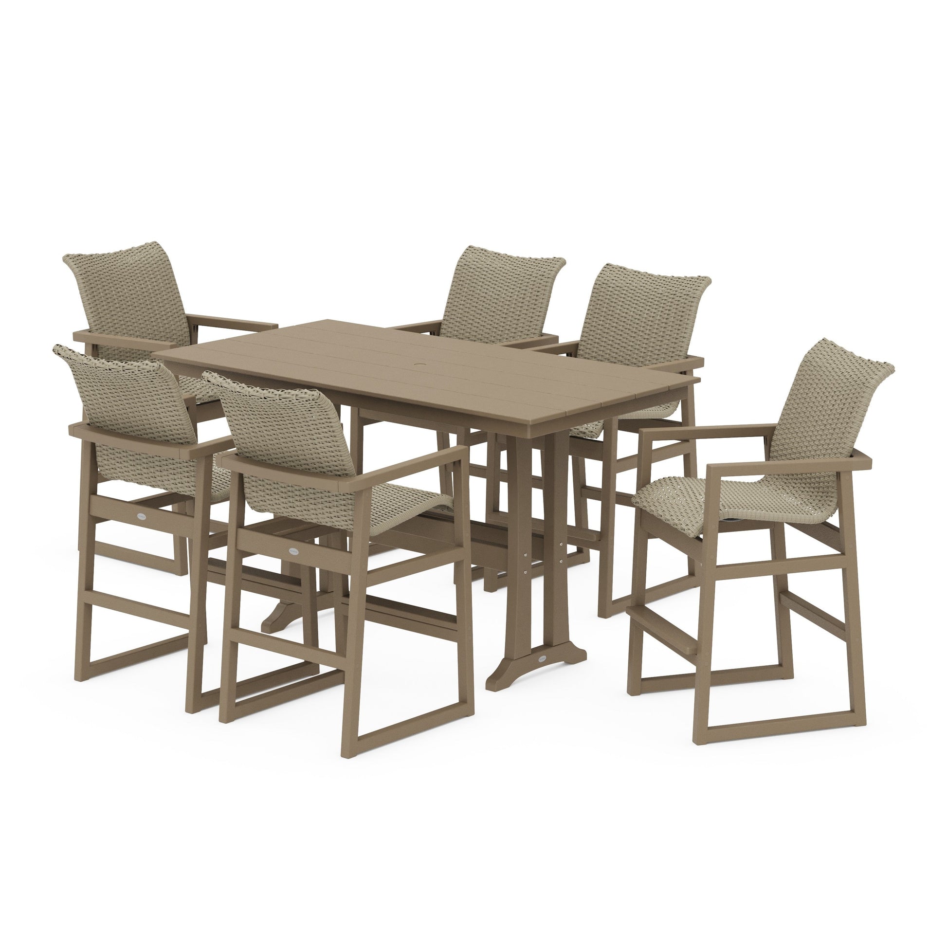 POLYWOOD EDGE Woven Arm Chair 7-Piece Farmhouse Bar Set with Trestle Legs — Vintage Sahara / Dune Grass