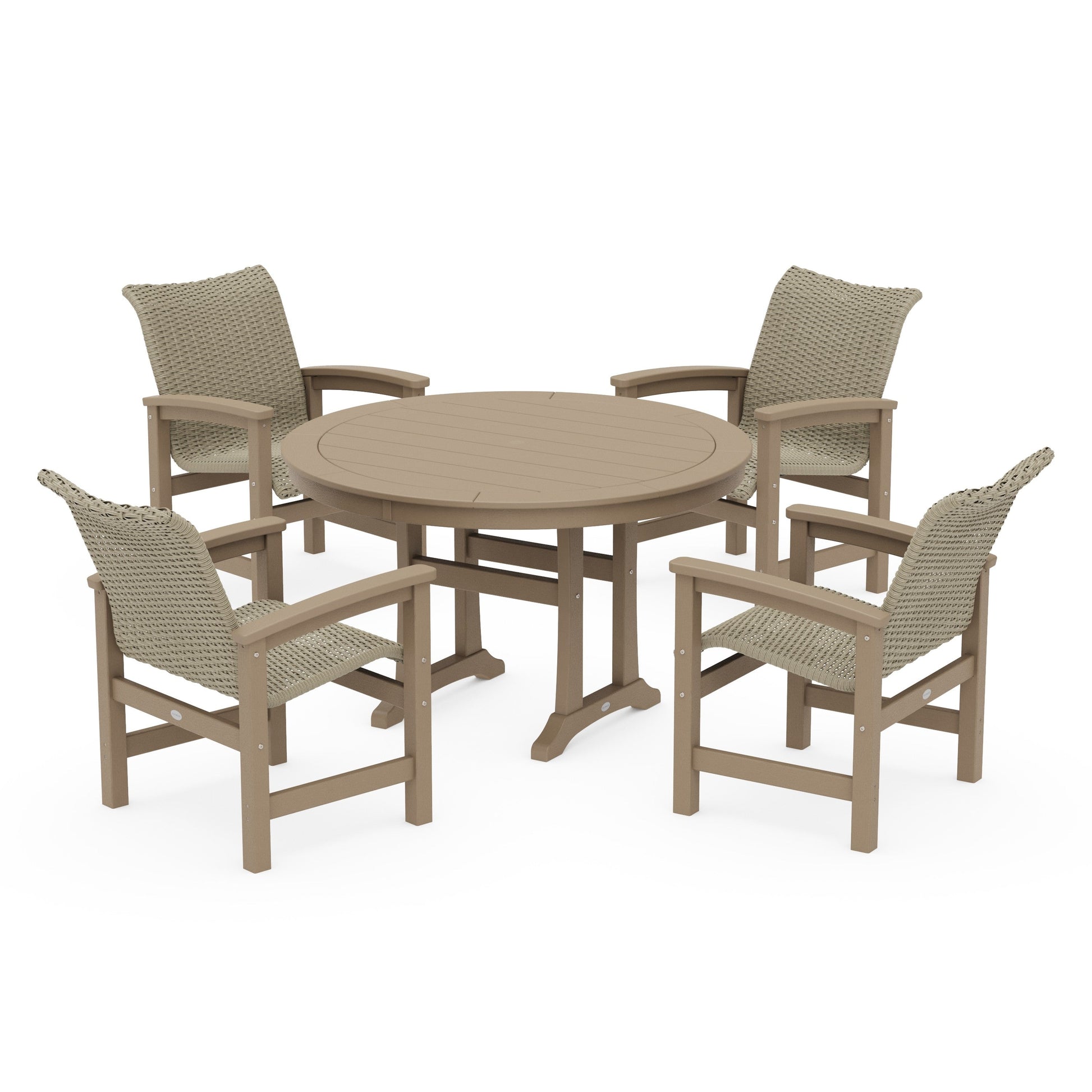 POLYWOOD Coastal Woven 5-Piece Round Dining Set with Trestle Legs — Vintage Sahara / Dune Grass