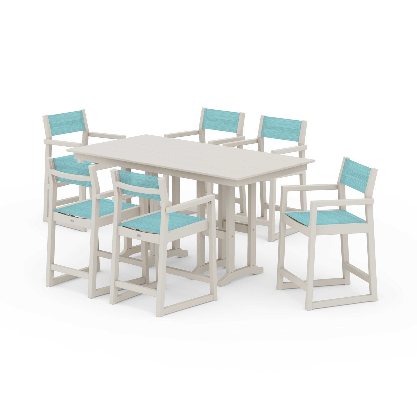 POLYWOOD EDGE Sling Arm Chair 7-Piece Farmhouse Counter Set — Sand / Dupioni Aquamarine Sling