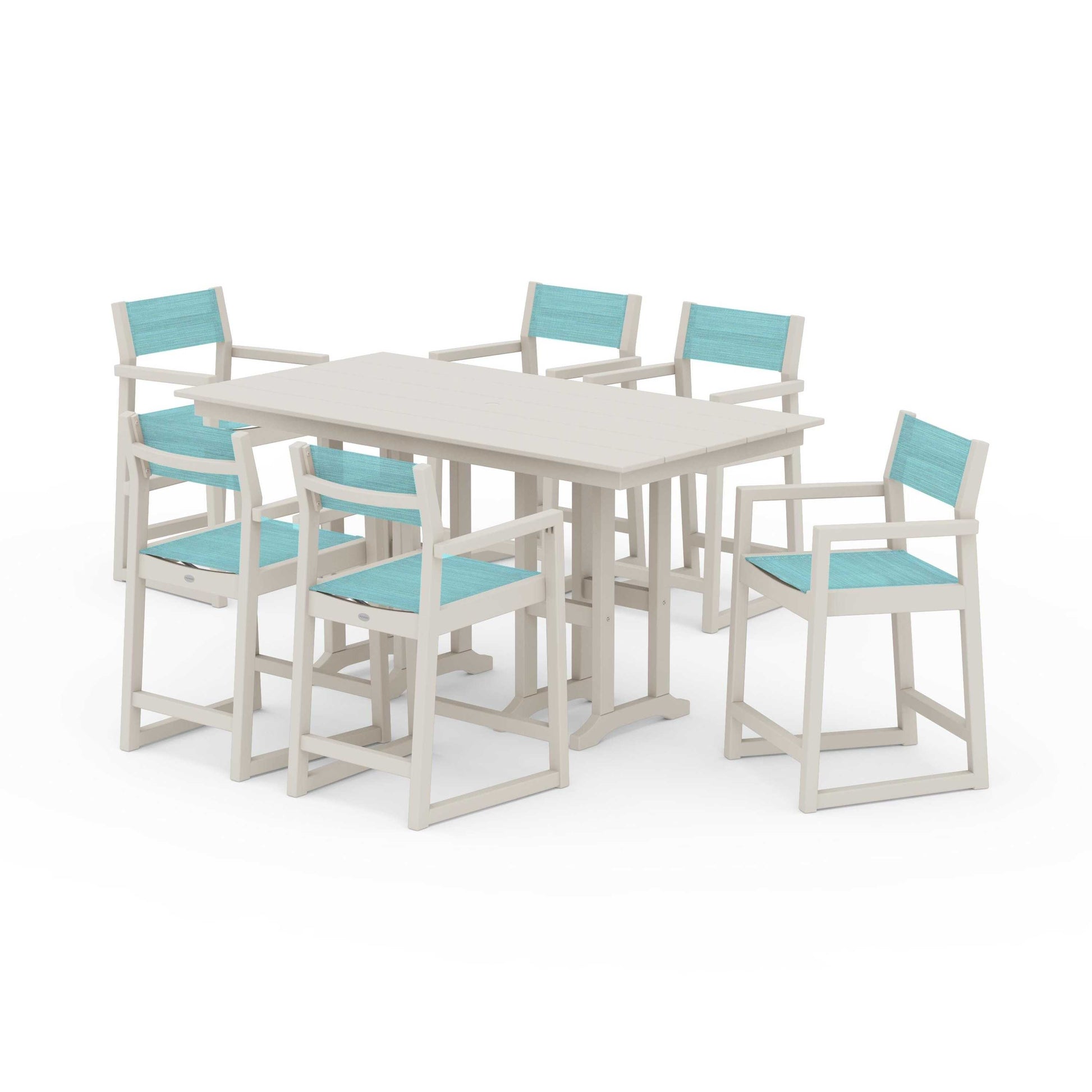 POLYWOOD EDGE Sling Arm Chair 7-Piece Farmhouse Counter Set — Sand / Dupioni Aquamarine Sling
