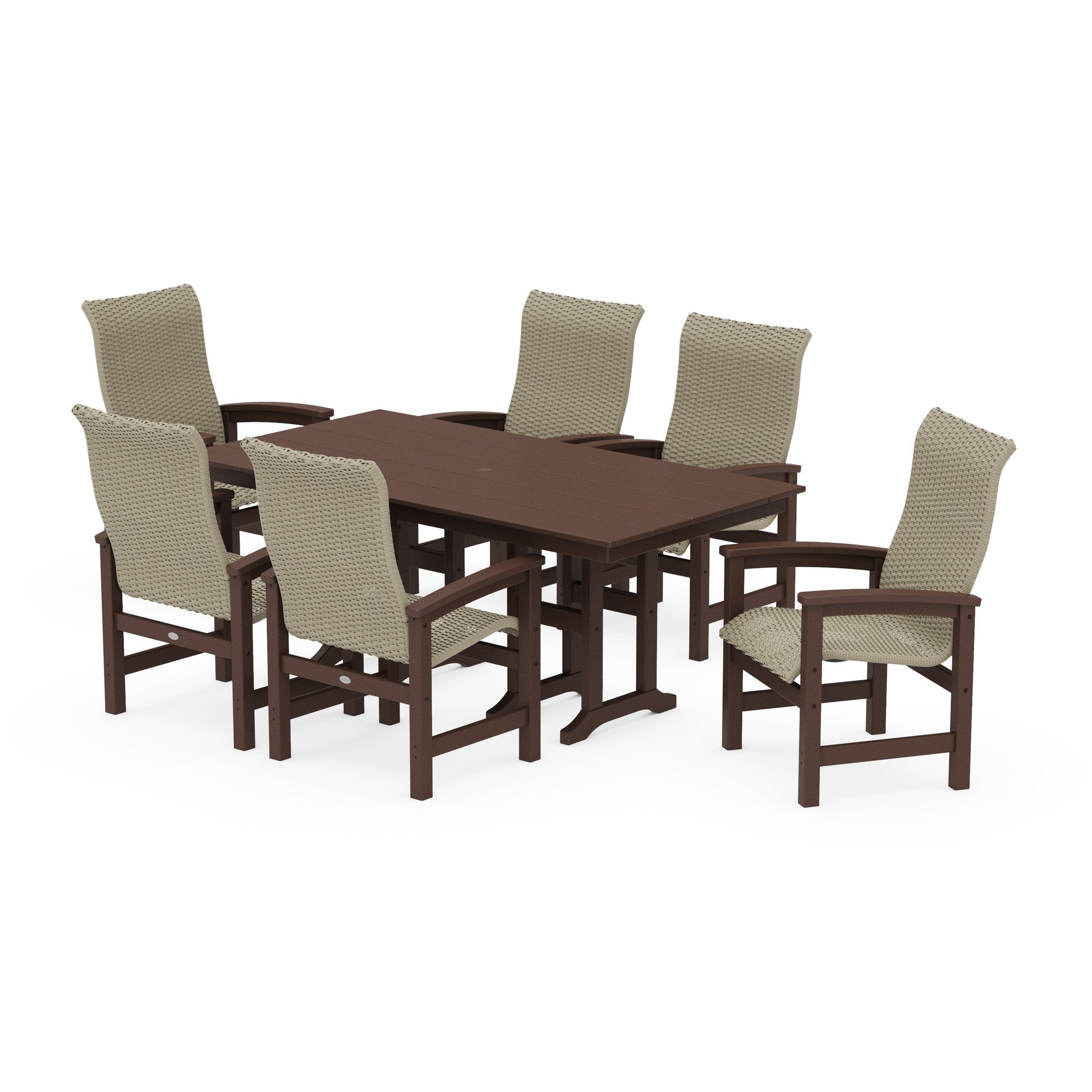 POLYWOOD Coastal Woven High-Back Arm Chair 7-Piece Farmhouse Dining Set — Mahogany / Dune Grass