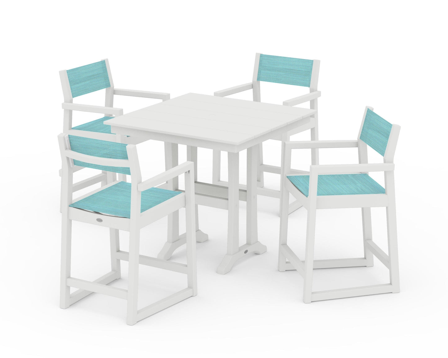 POLYWOOD EDGE Sling Arm Chair 5-Piece Farmhouse Counter Set with Trestle Legs — Vintage White / Dupioni Aquamarine Sling