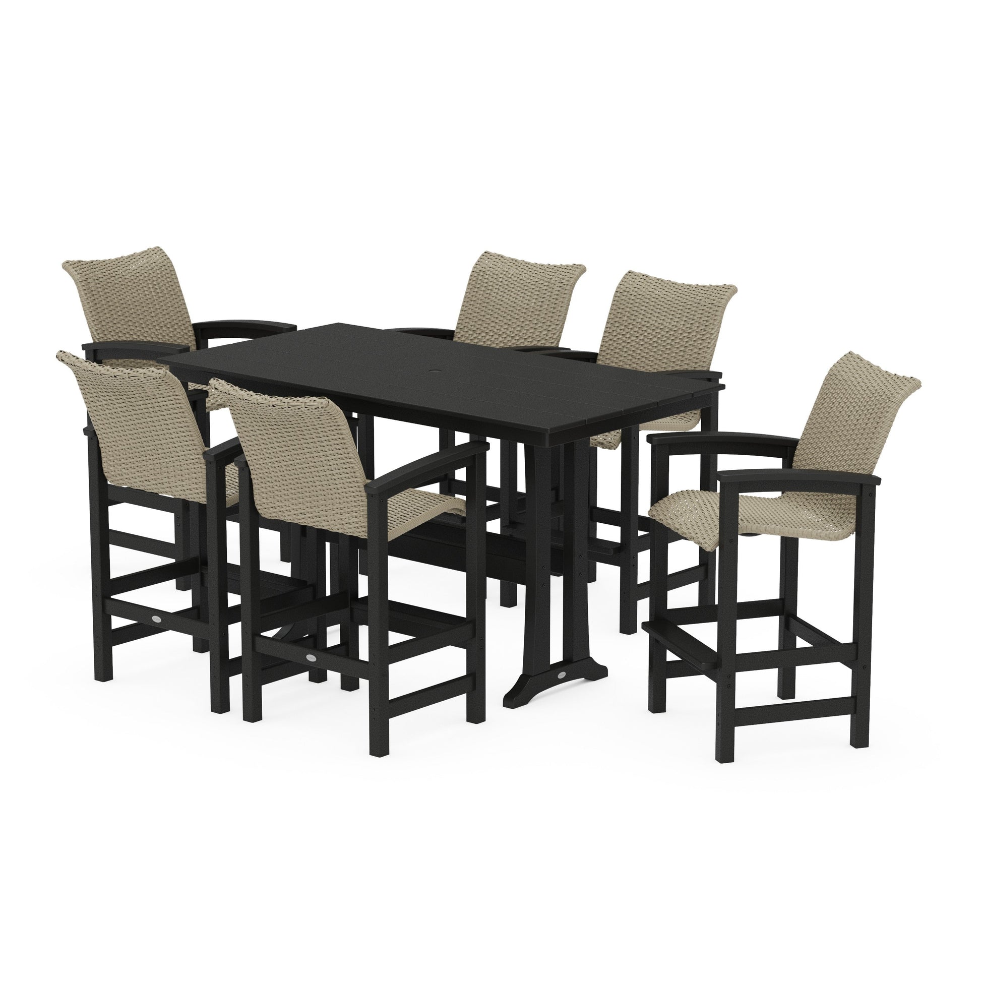 POLYWOOD Coastal Woven Arm Chair 7-Piece Farmhouse Bar Set with Trestle Legs — Black / Dune Grass