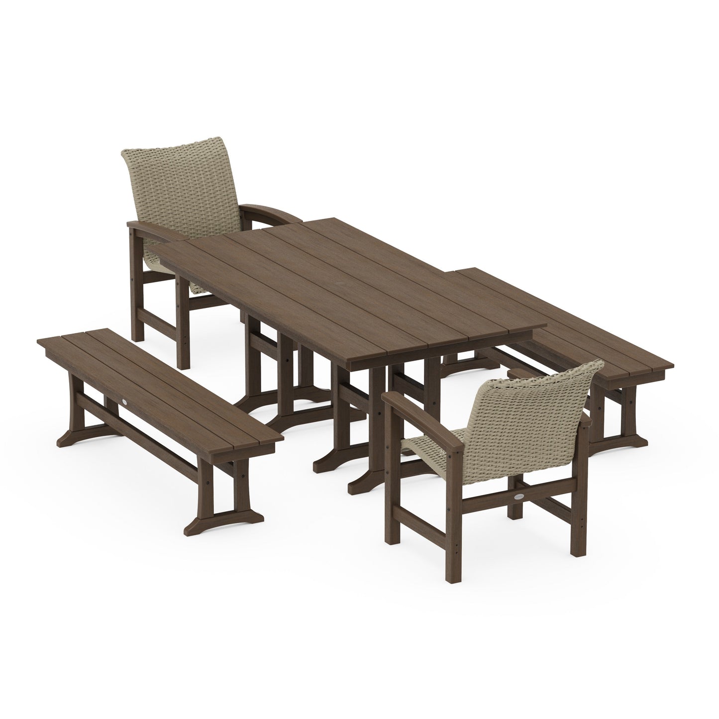 POLYWOOD Coastal Woven 5-Piece Farmhouse Dining Set with Benches — Kona / Dune Grass
