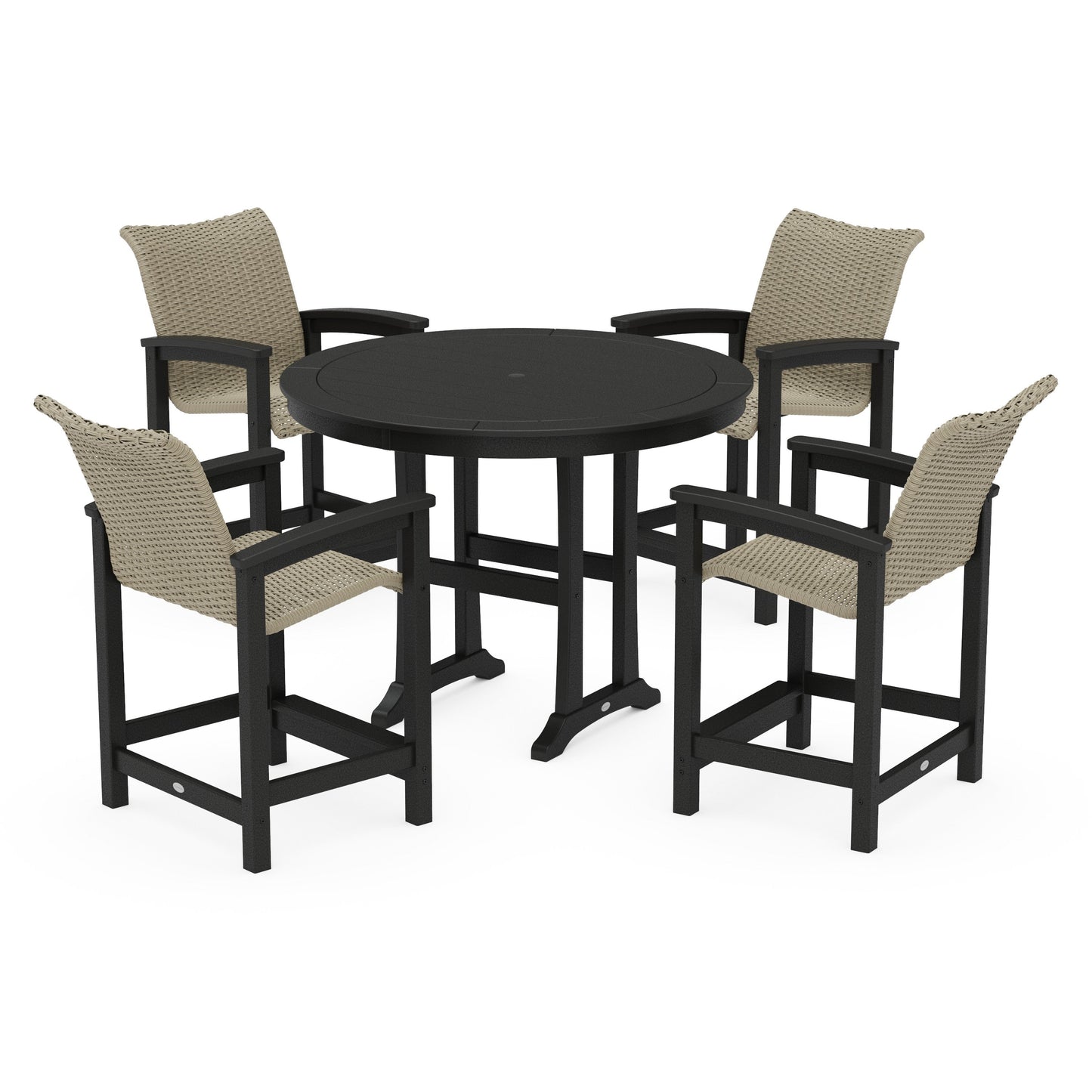 POLYWOOD Coastal Woven 5-Piece Round Counter Set — Black / Dune Grass