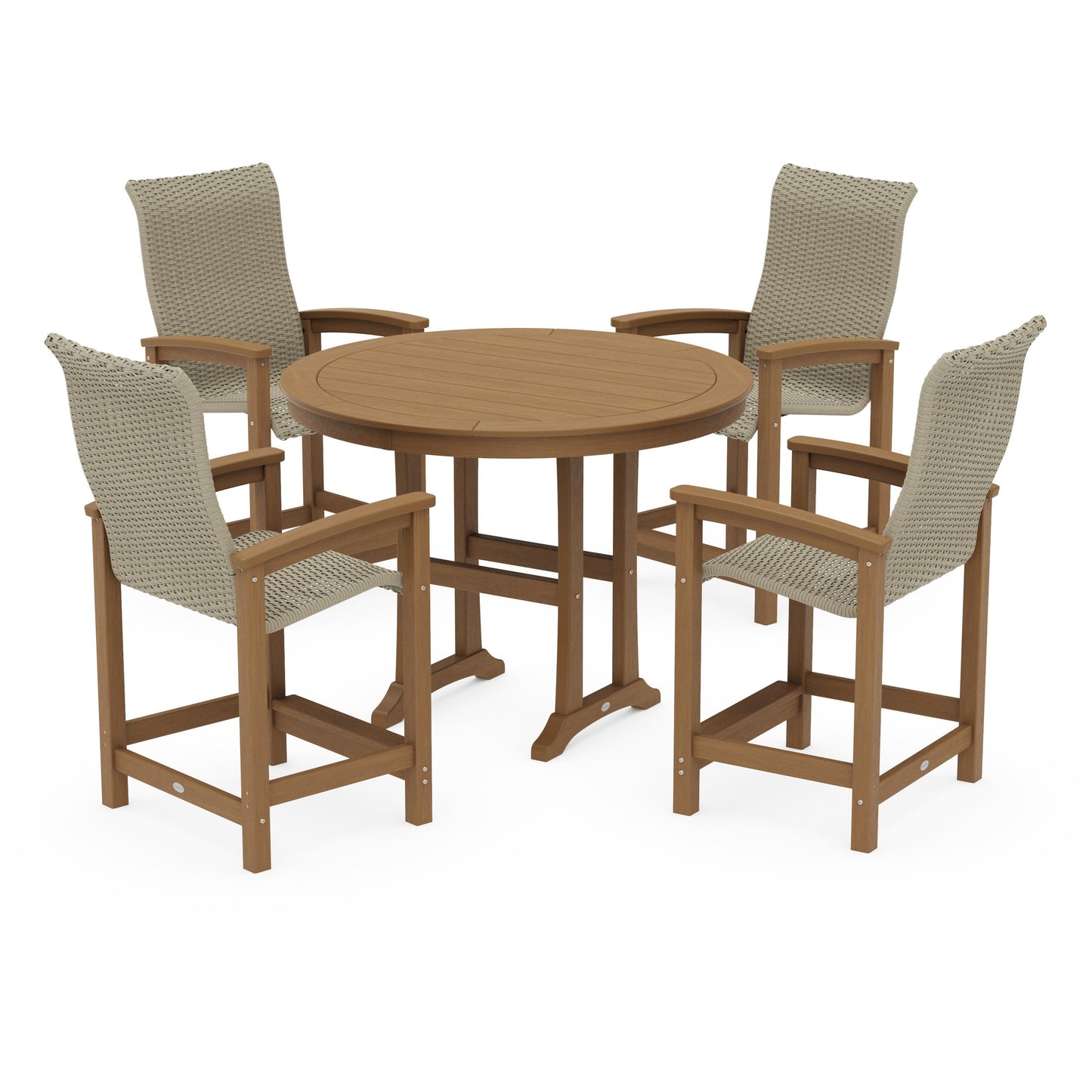POLYWOOD Coastal Woven High-Back 5-Piece Round Counter Set — Natural / Dune Grass