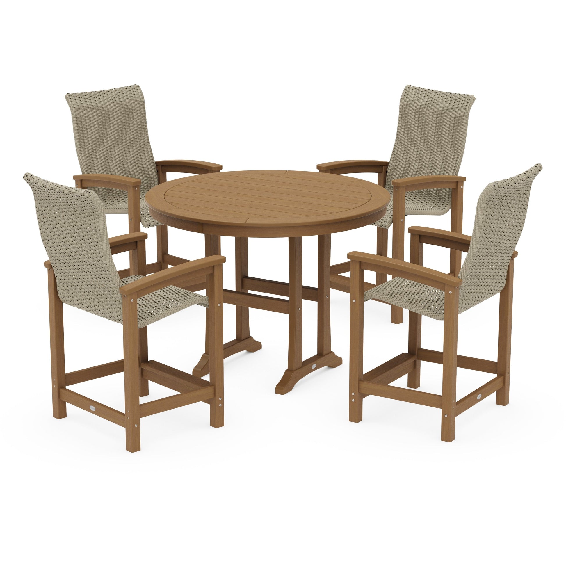 POLYWOOD Coastal Woven High-Back 5-Piece Round Counter Set — Natural / Dune Grass