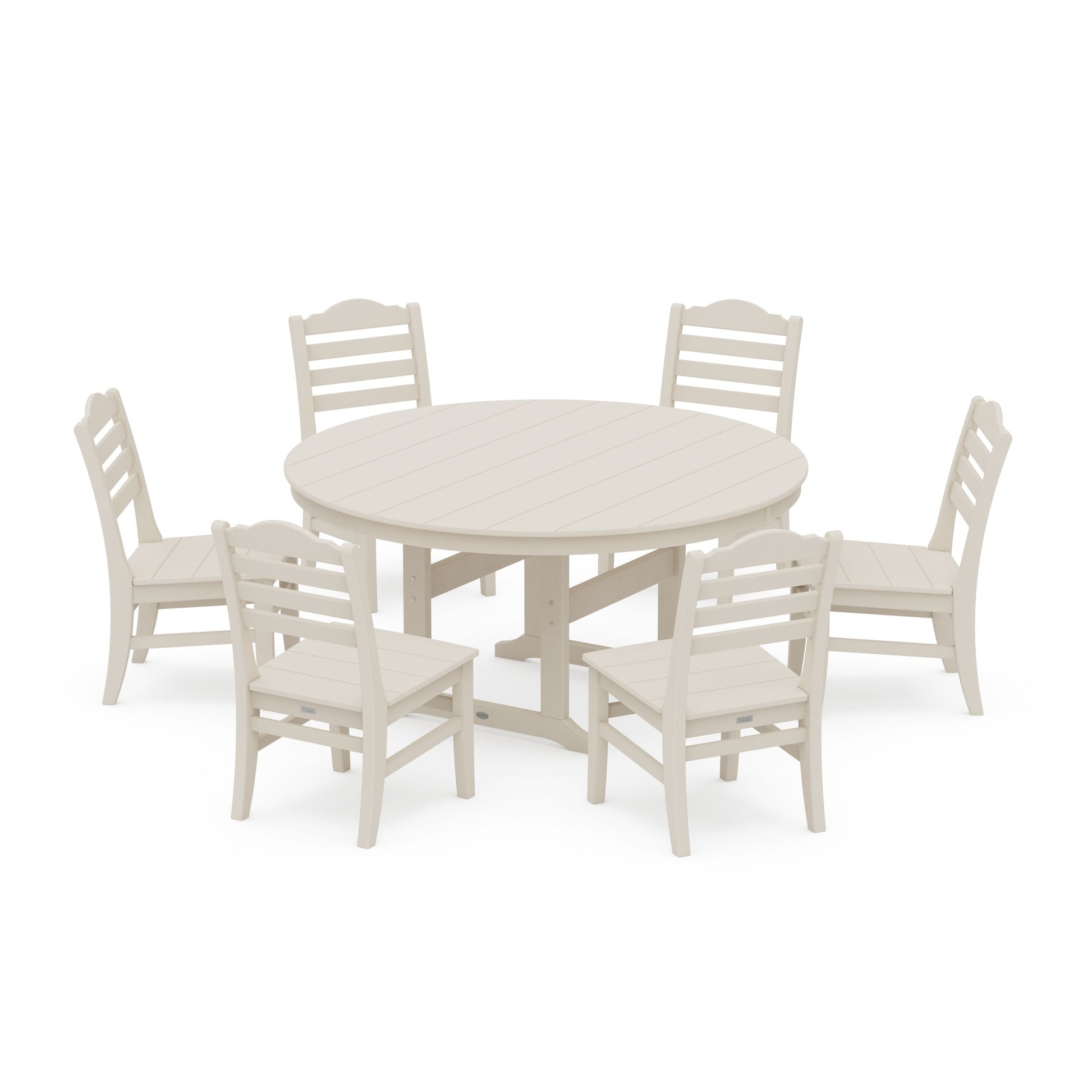 POLYWOOD Savannah 7-Piece Side Chair Round Farmhouse Dining Set — Sand