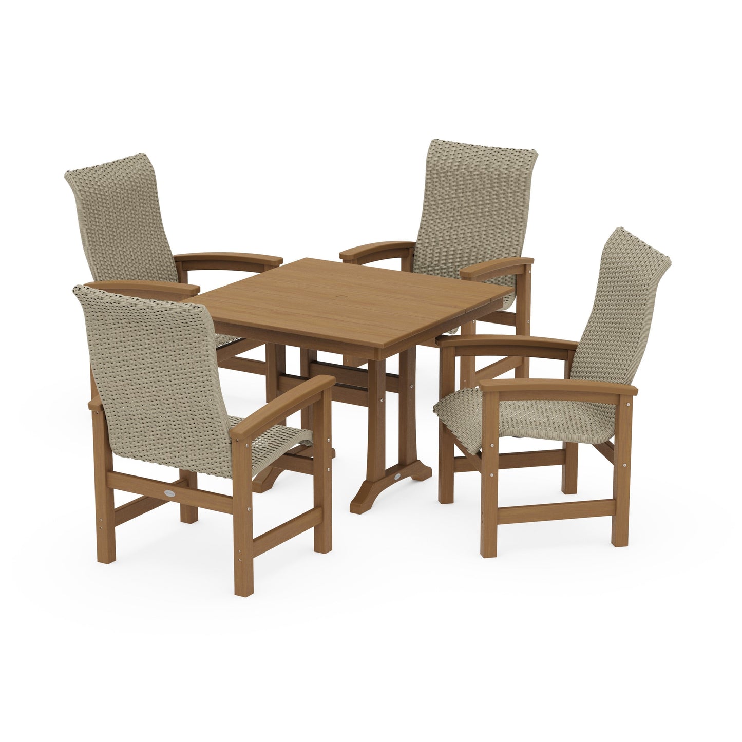 POLYWOOD Coastal Woven High-Back 5-Piece Farmhouse Dining Set with Trestle Legs — Natural / Dune Grass