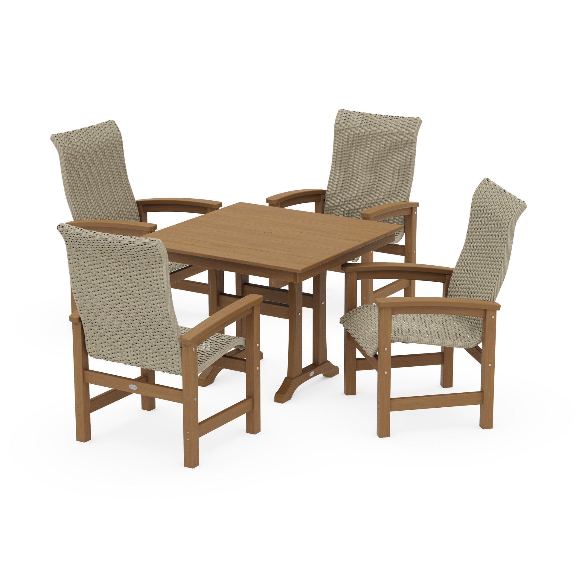 POLYWOOD Coastal Woven High-Back 5-Piece Farmhouse Dining Set with Trestle Legs — Natural / Dune Grass