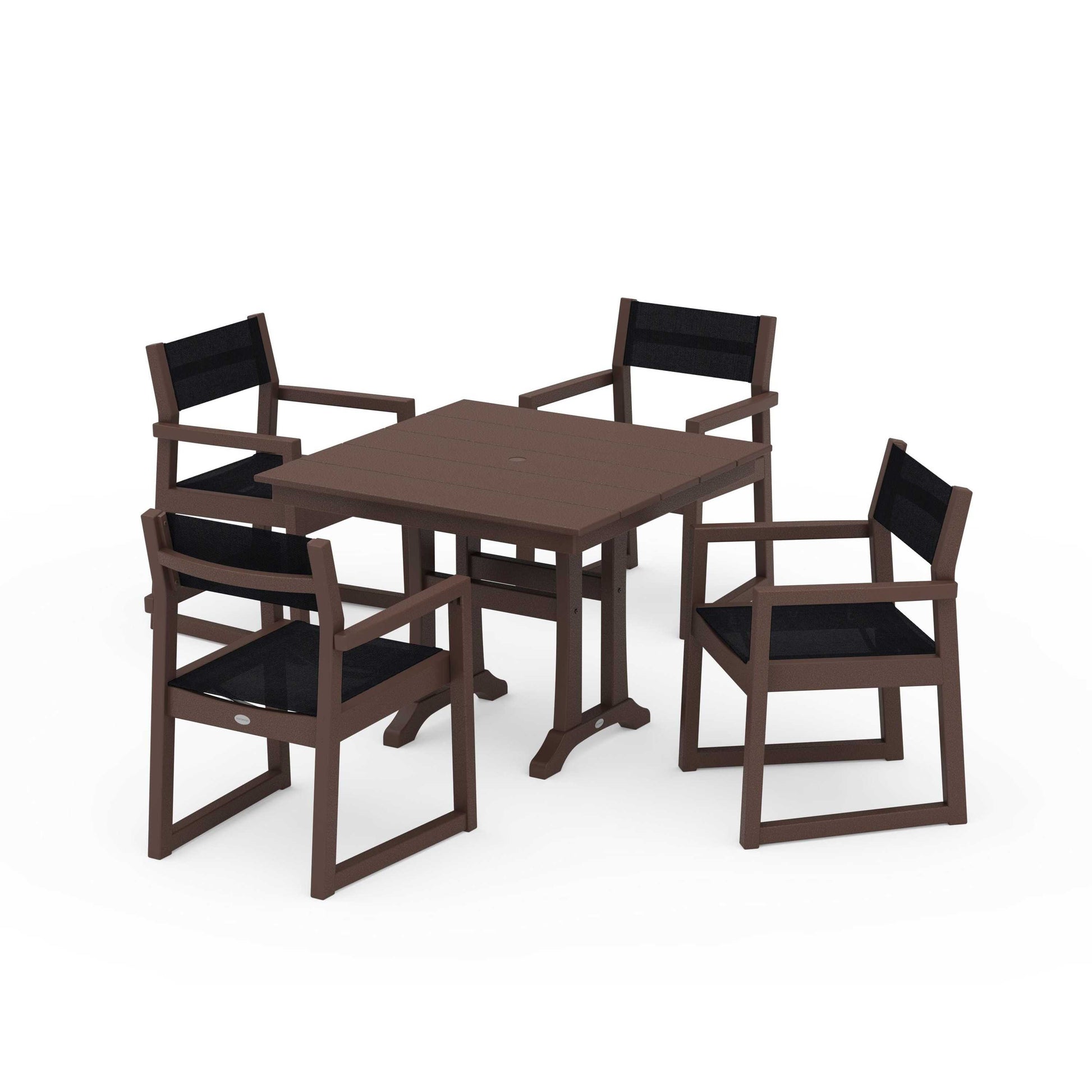 POLYWOOD EDGE Sling 5-Piece Farmhouse Dining Set with Trestle Legs — Mahogany / Black Sling