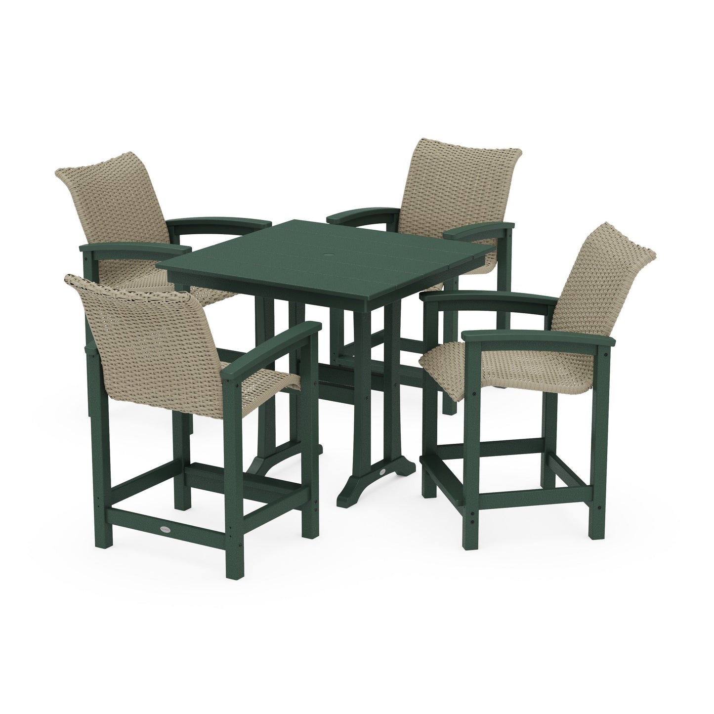 POLYWOOD Coastal Woven 5-Piece Farmhouse Counter Set with Trestle Legs — Green / Dune Grass