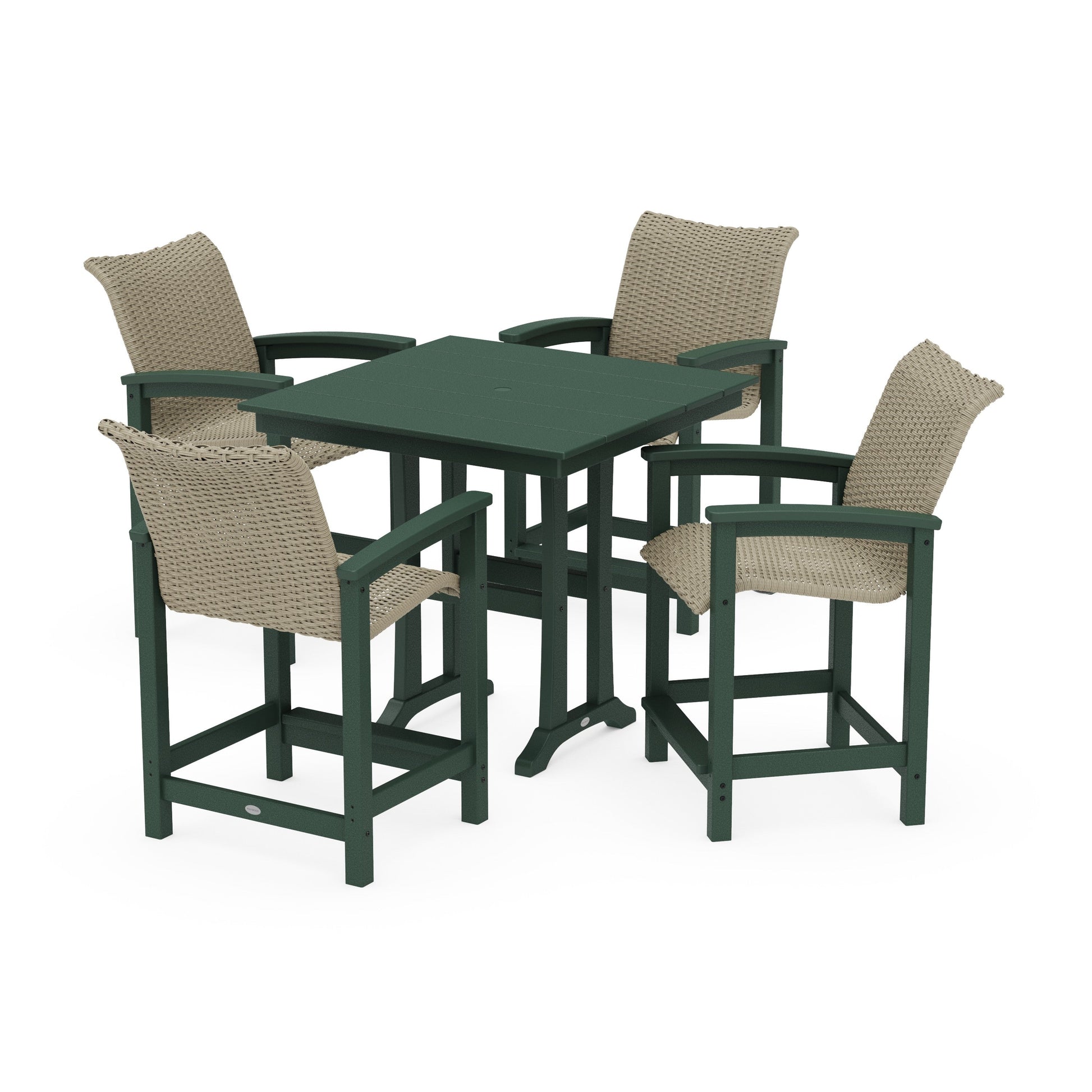 POLYWOOD Coastal Woven 5-Piece Farmhouse Counter Set with Trestle Legs — Green / Dune Grass