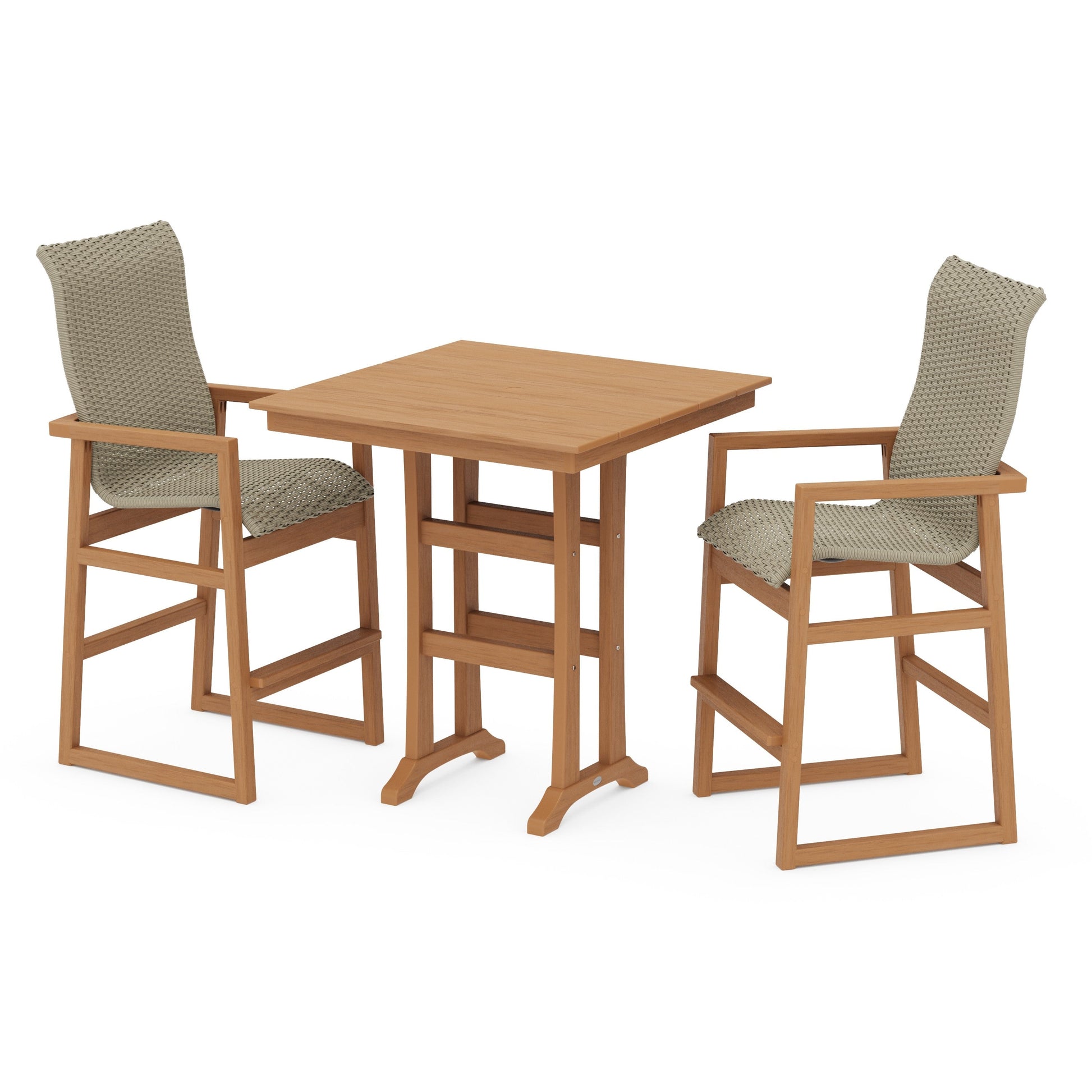 POLYWOOD EDGE Woven Highback 3-Piece Farmhouse Bar Set with Trestle Legs — Natural / Dune Grass