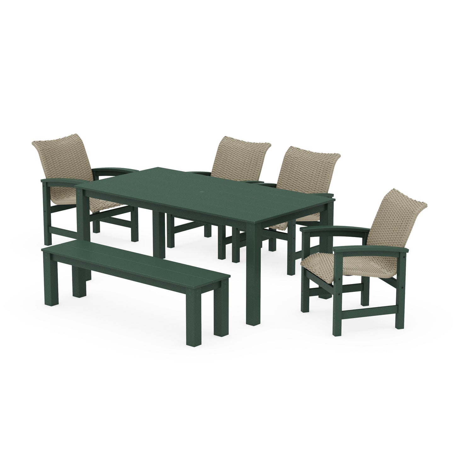 POLYWOOD Coastal Woven 6-Piece Parsons Dining Set with Bench — Green / Dune Grass
