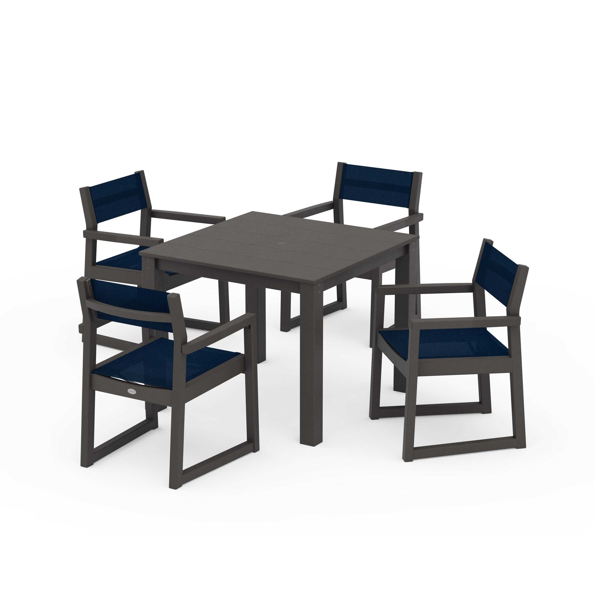 POLYWOOD EDGE Sling Arm Chair 5-Piece Parsons Dining Set — Vintage Coffee / Navy Blue Sling