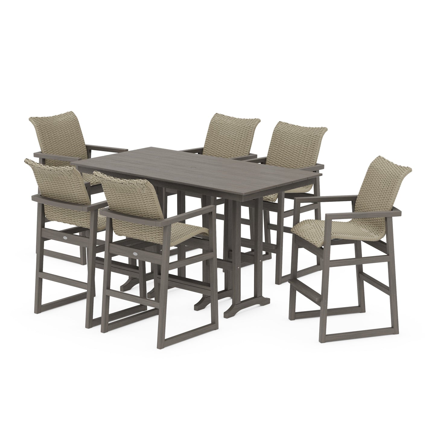 POLYWOOD EDGE Woven Arm Chair 7-Piece Farmhouse Bar Set — Driftwood / Dune Grass
