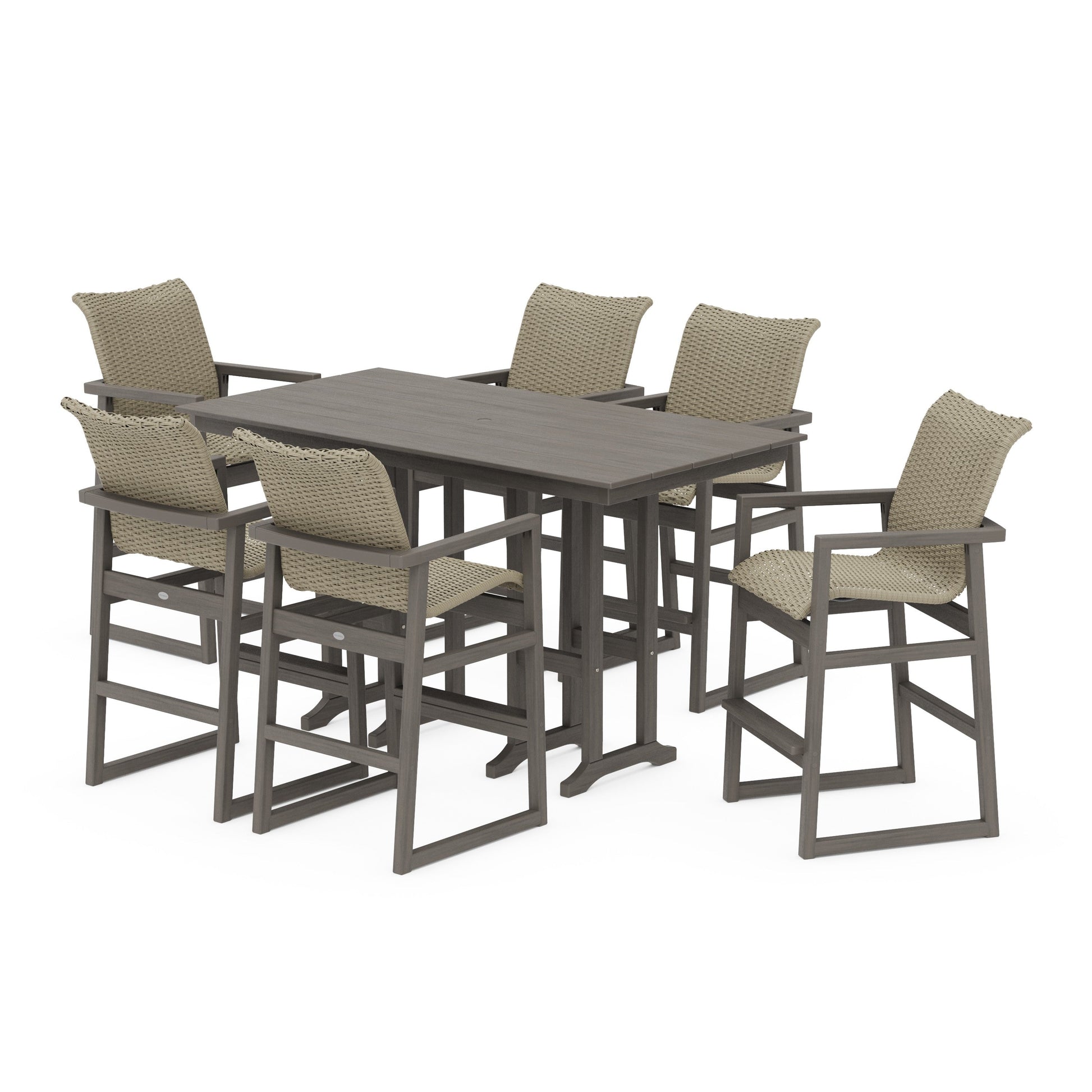 POLYWOOD EDGE Woven Arm Chair 7-Piece Farmhouse Bar Set — Driftwood / Dune Grass