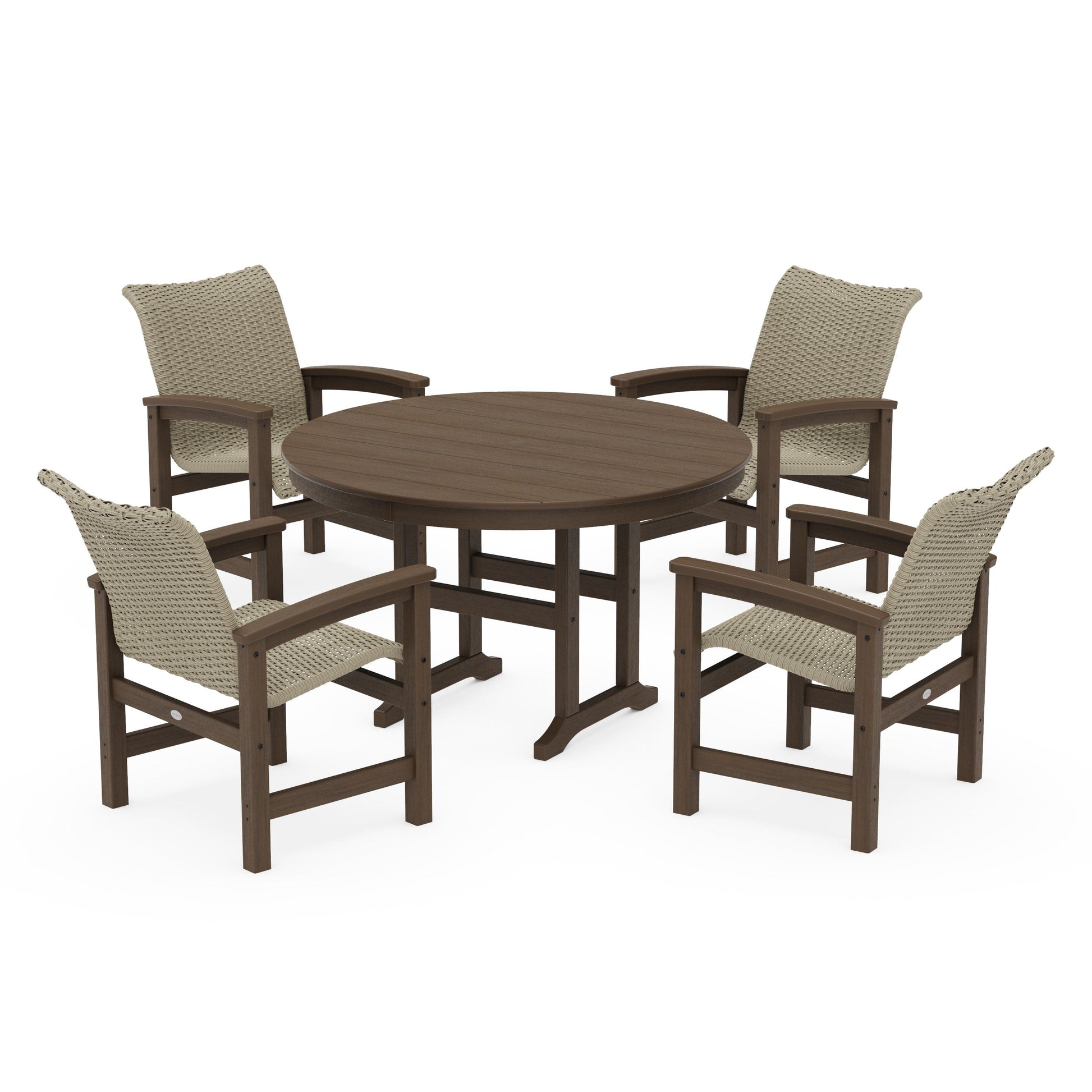 POLYWOOD Coastal Woven 5-Piece Round Farmhouse Dining Set — Kona / Dune Grass