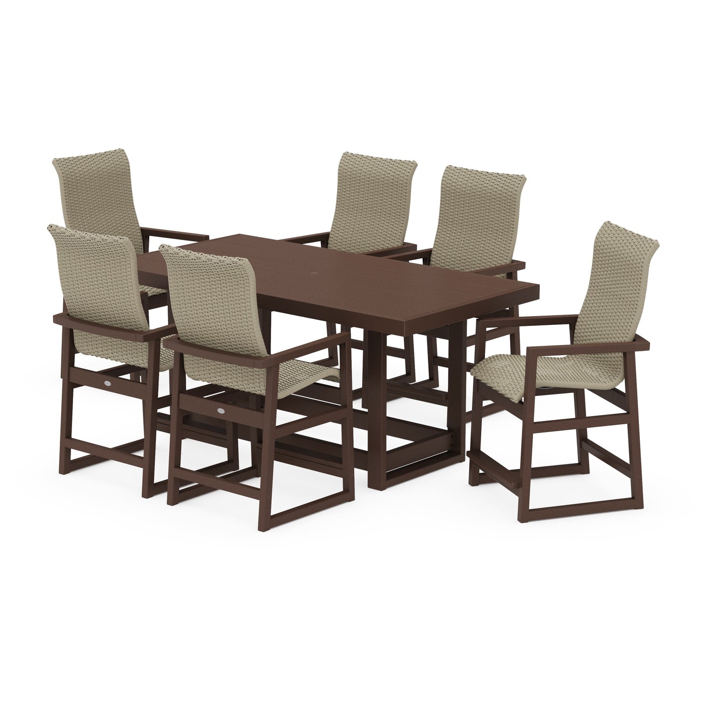 POLYWOOD EDGE Woven Highback Arm Chair 7-Piece Counter Set — Mahogany / Dune Grass