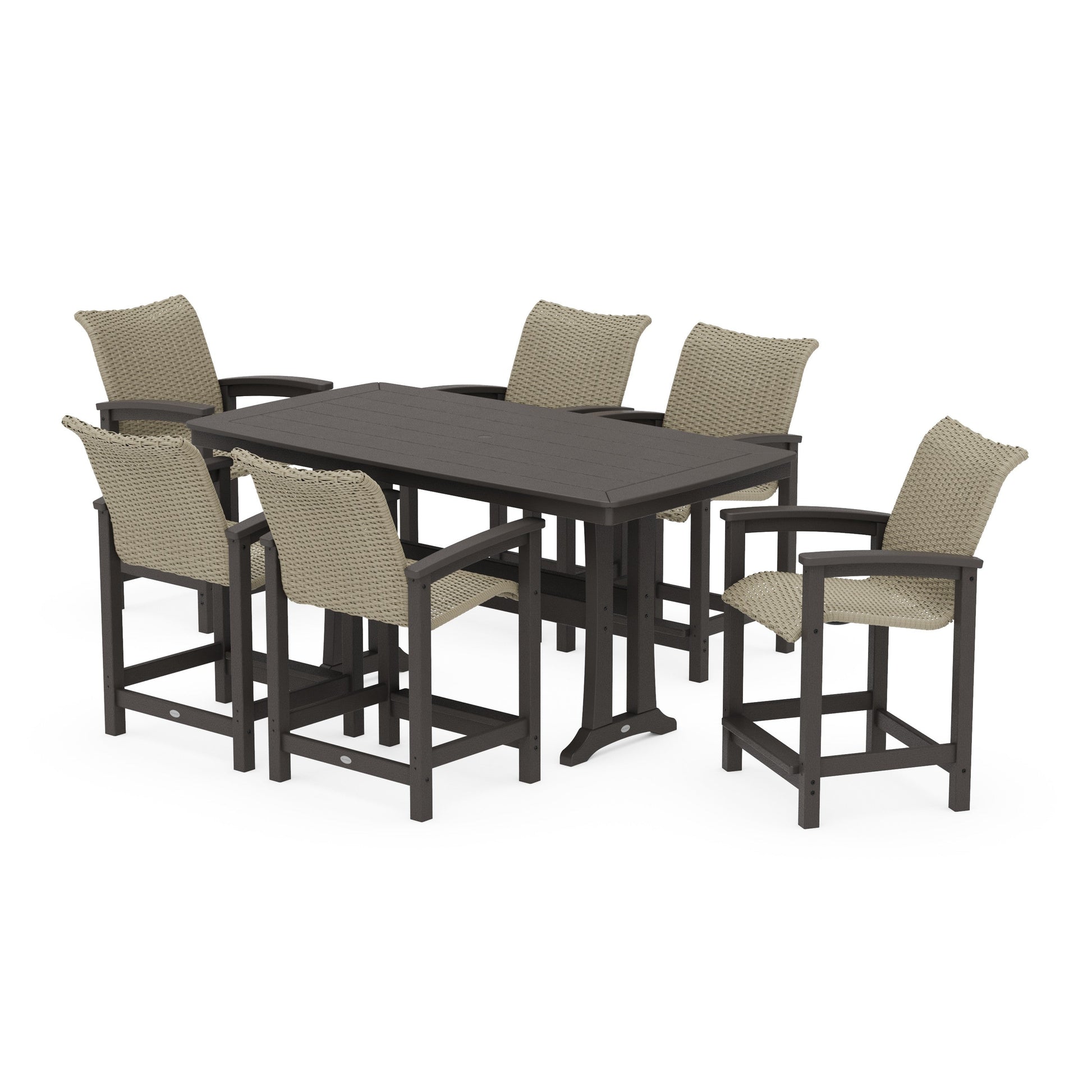 POLYWOOD Coastal Woven Arm Chair 7-Piece Counter Set with Trestle Legs — Vintage Coffee / Dune Grass