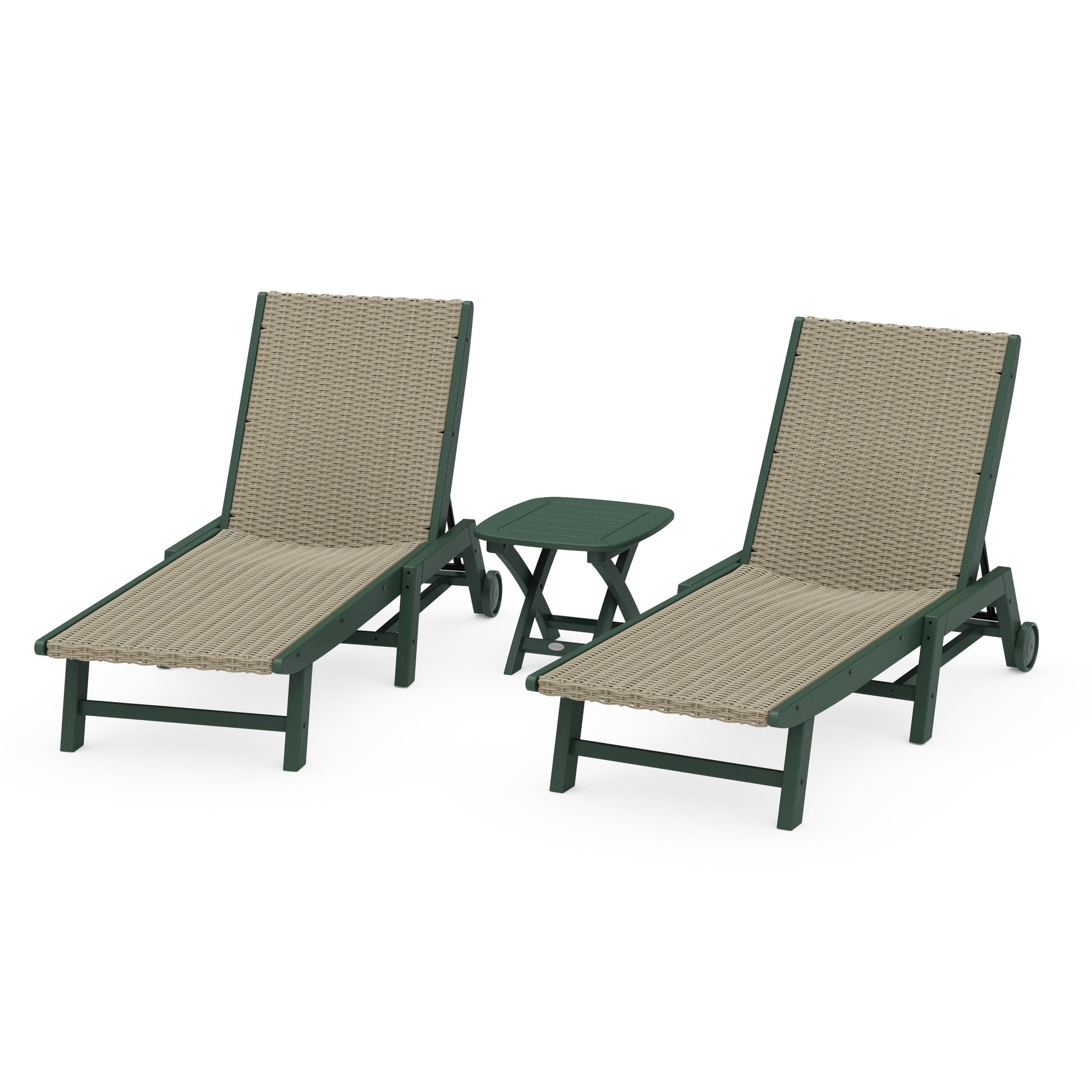 POLYWOOD 3 - Piece Coastal Woven Chaise with Wheels Chaise Lounge Set — Green / Dune Grass
