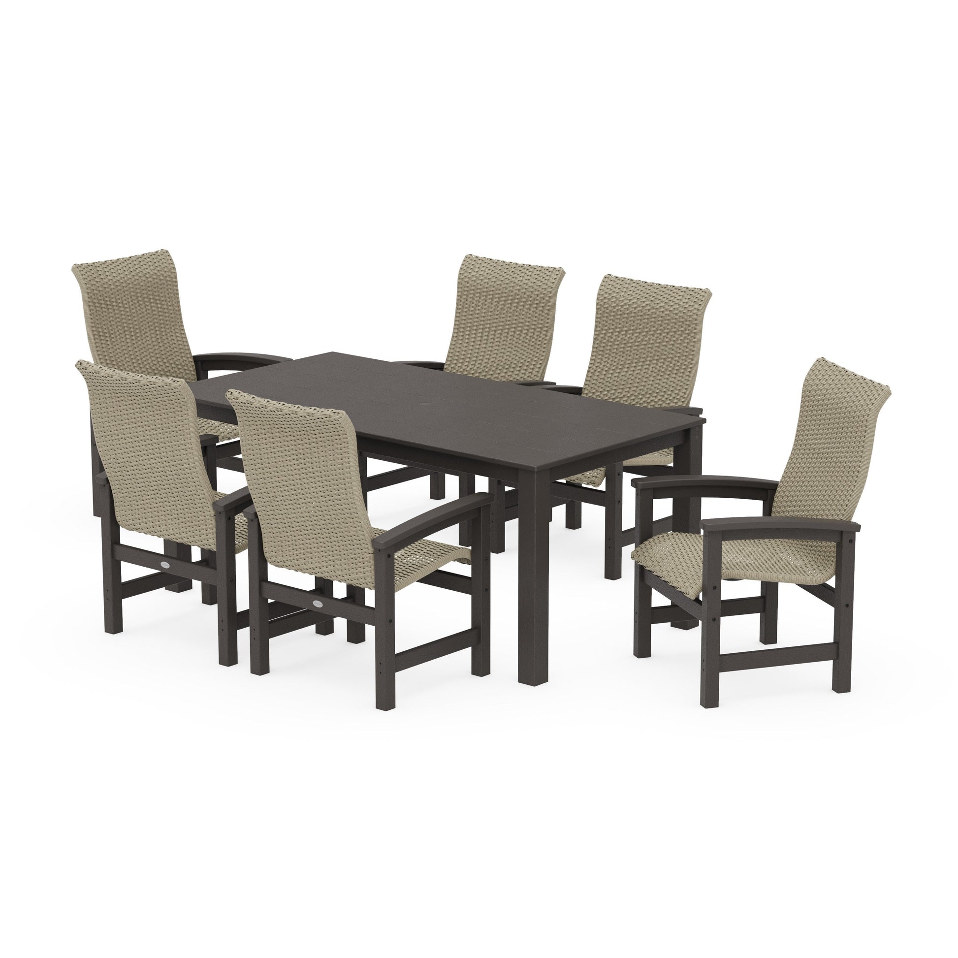POLYWOOD Coastal Woven High-Back Arm Chair 7-Piece Parsons Dining Set — Vintage Coffee / Dune Grass