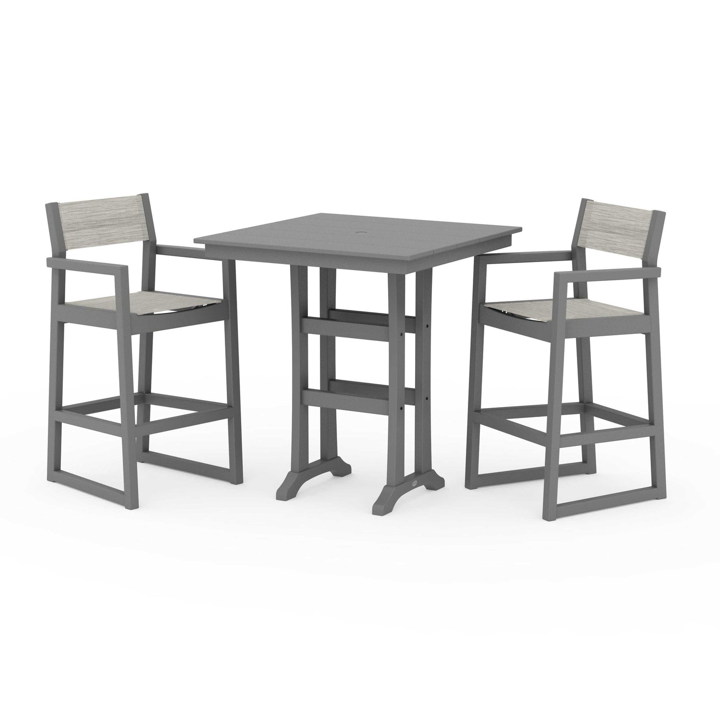 POLYWOOD EDGE Sling Arm Chair 3-Piece Farmhouse Bar Set with Trestle Legs — Slate Grey / Birch Sling