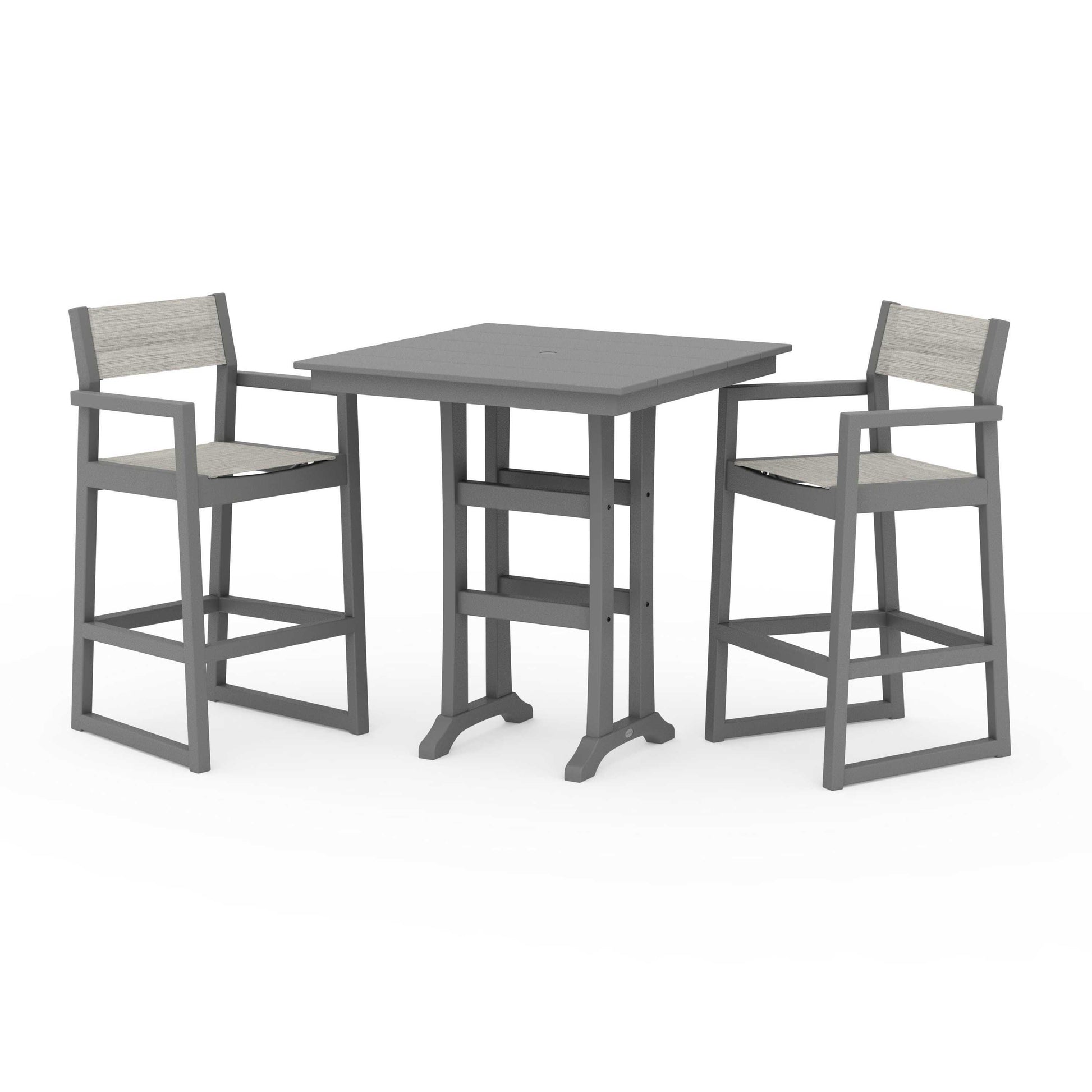POLYWOOD EDGE Sling Arm Chair 3-Piece Farmhouse Bar Set with Trestle Legs — Slate Grey / Birch Sling