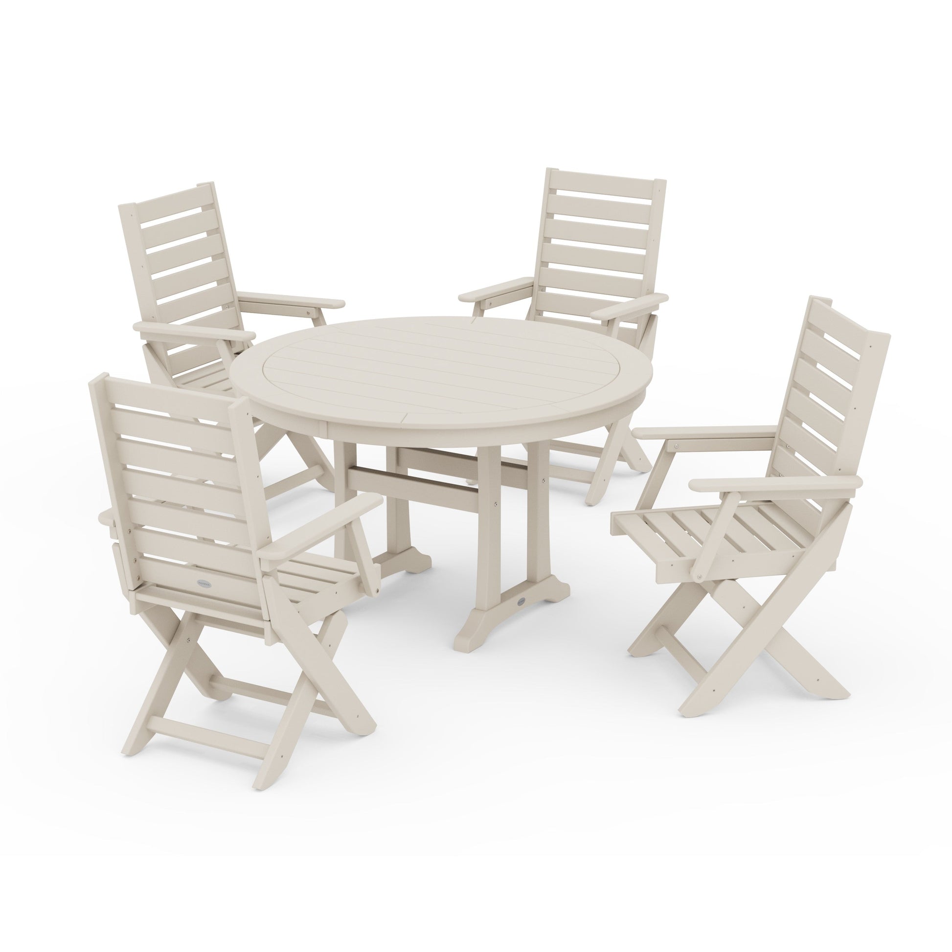 POLYWOOD Captain Folding Chair 5-Piece Round Dining Set with Trestle Legs — Sand