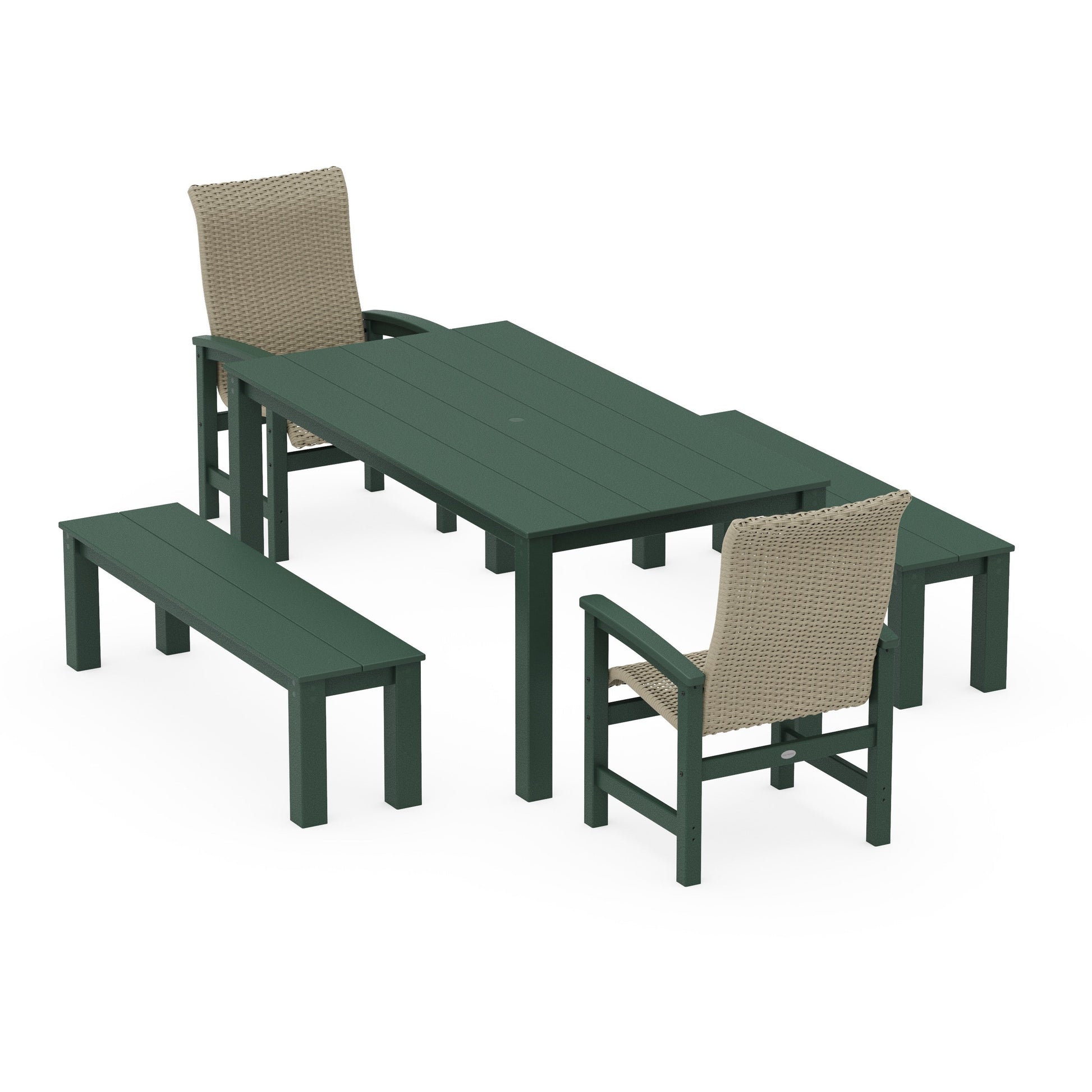 POLYWOOD Coastal Woven High-Back 5-Piece Parsons Dining Set with Benches — Green / Dune Grass