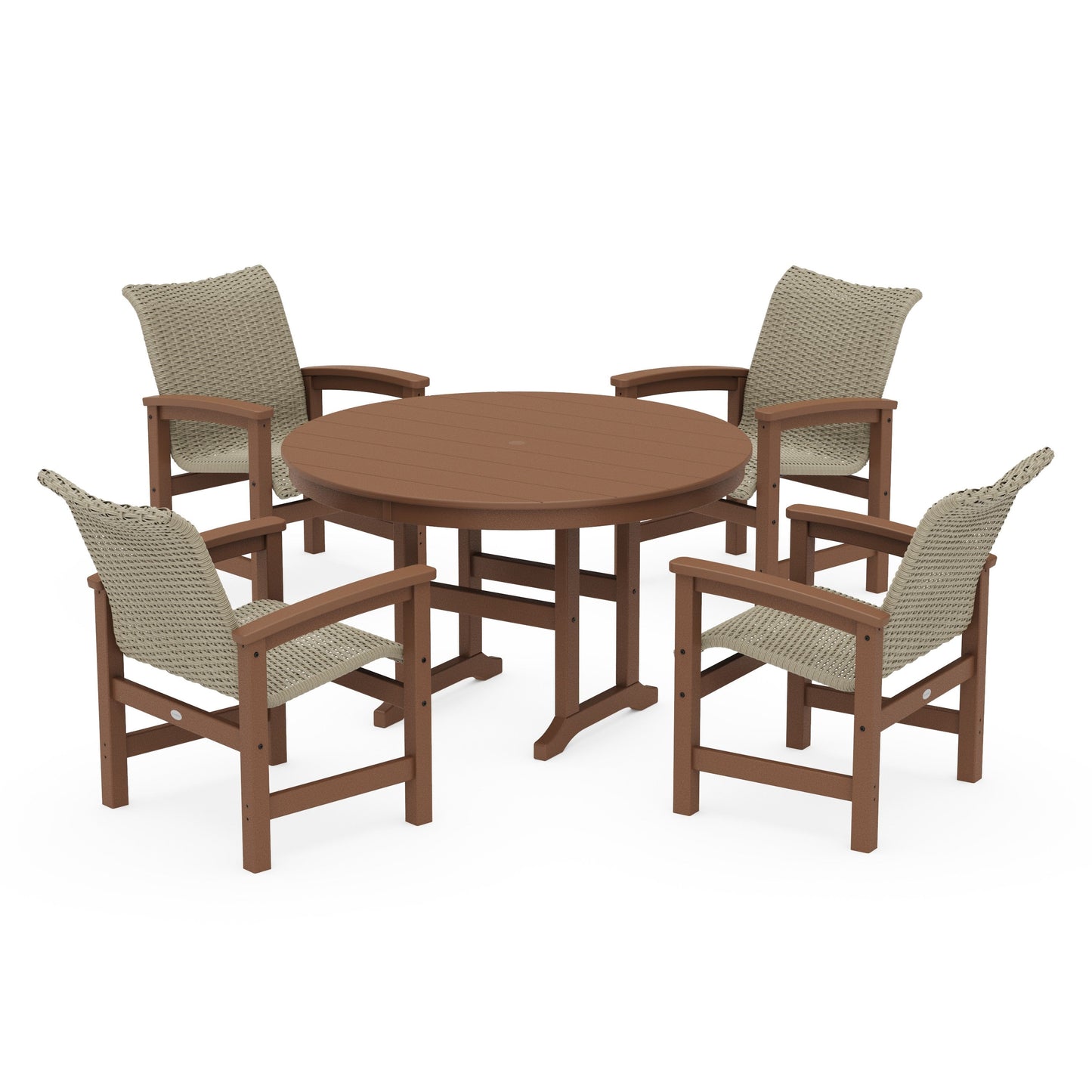 POLYWOOD Coastal Woven 5-Piece Round Farmhouse Dining Set — Teak / Dune Grass