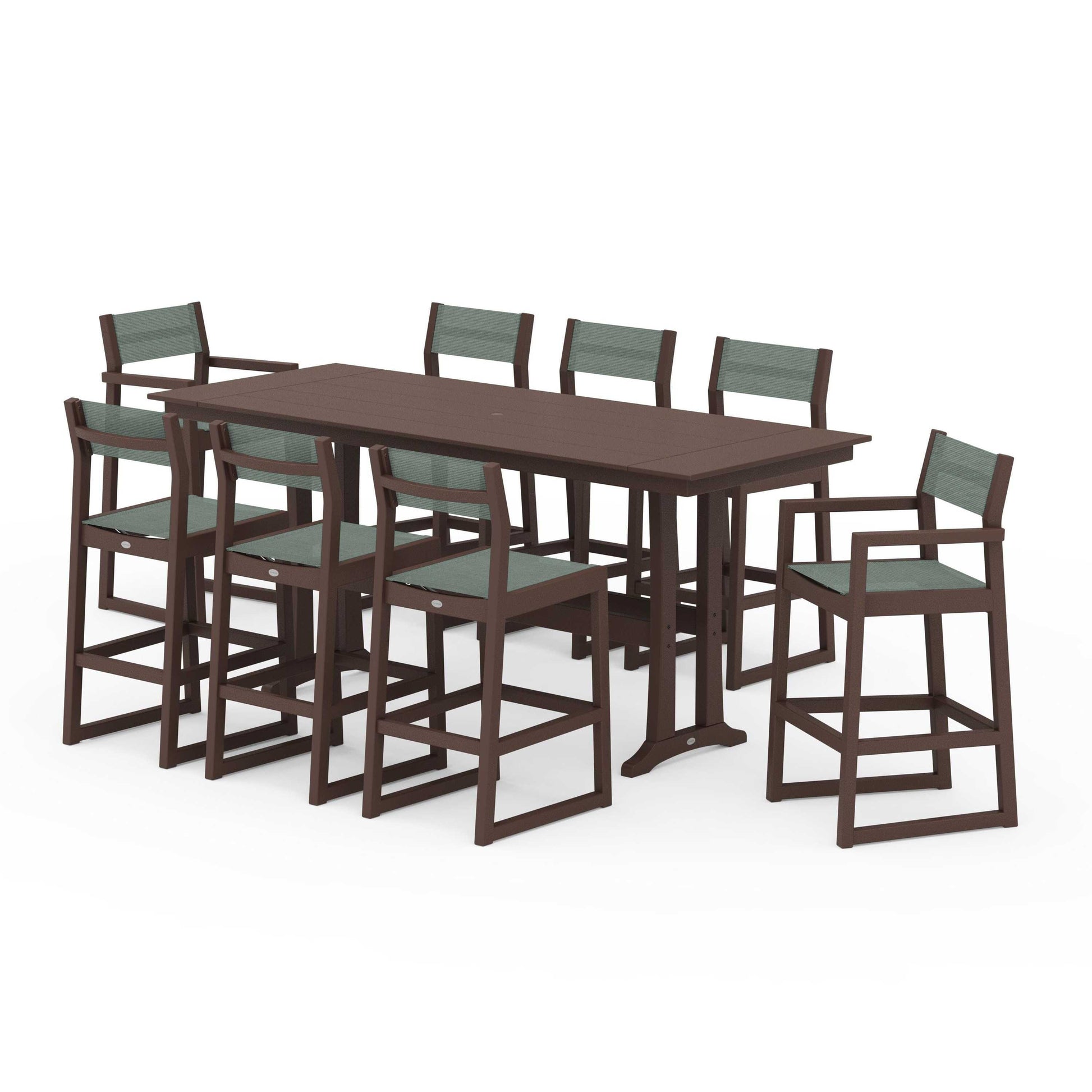 POLYWOOD EDGE Sling 9-Piece Farmhouse Bar Set with Trestle Legs — Mahogany / Dupioni Sea Mist Sling