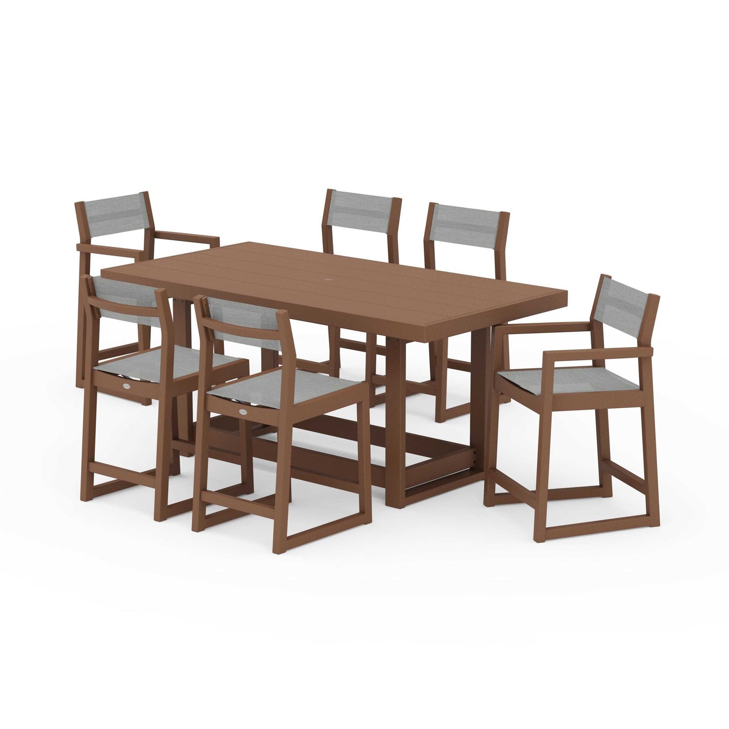 POLYWOOD EDGE Sling 7-Piece Counter Table Set — Teak / Metallic Sling