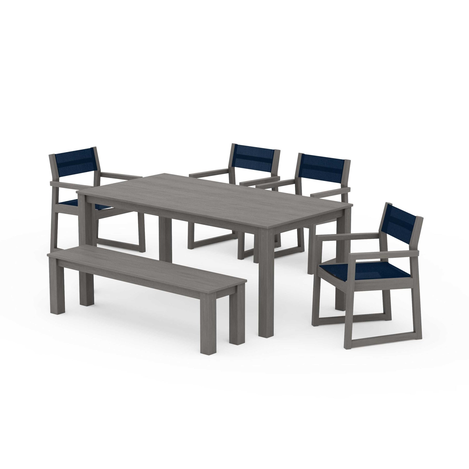 POLYWOOD EDGE Sling Arm Chair 6-Piece Parsons Dining Set with Bench — Driftwood / Navy Blue Sling