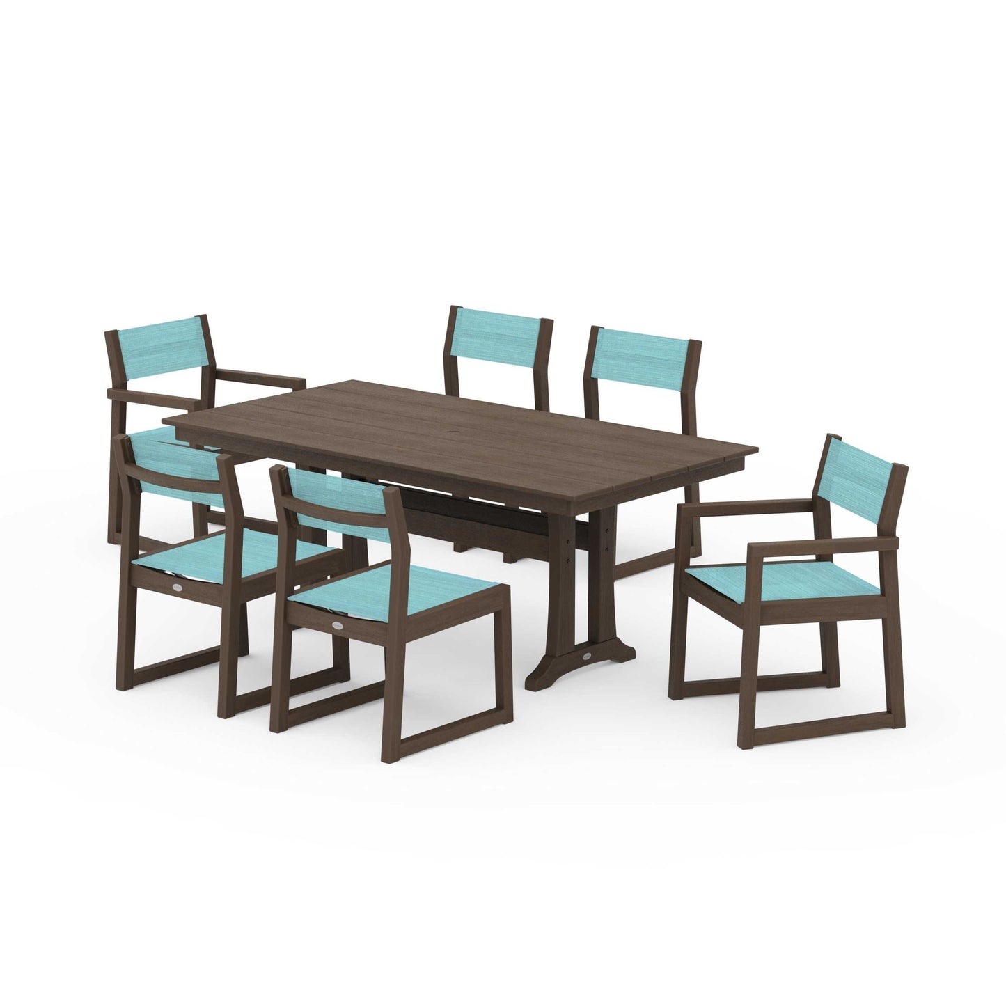 POLYWOOD EDGE Sling 7-Piece Farmhouse Trestle Dining Set — Kona / Dupioni Aquamarine Sling
