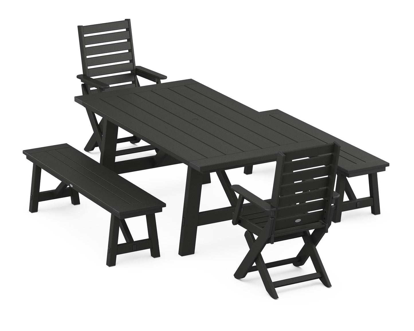 POLYWOOD Captain Folding Chair 5-Piece Rustic Farmhouse Dining Set With Benches — Black