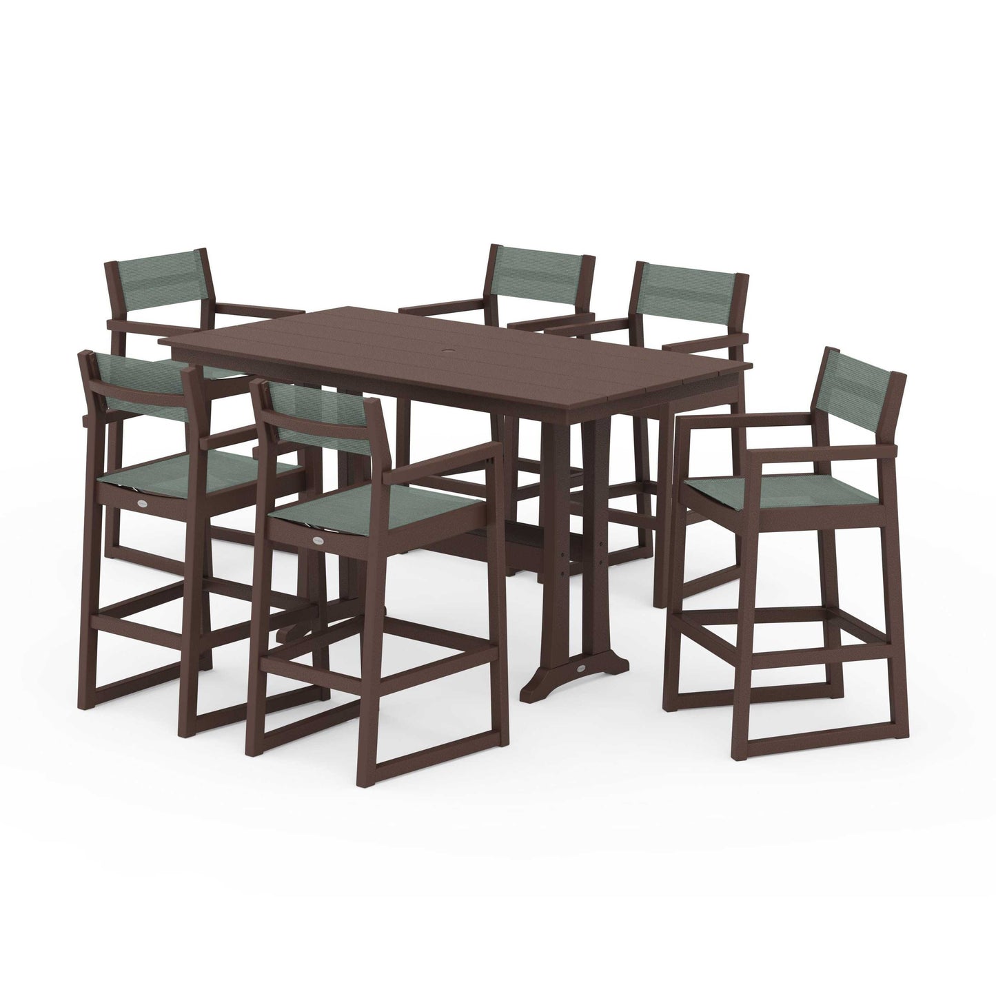 POLYWOOD EDGE Sling Arm Chair 7-Piece Farmhouse Bar Set with Trestle Legs — Mahogany / Dupioni Sea Mist Sling