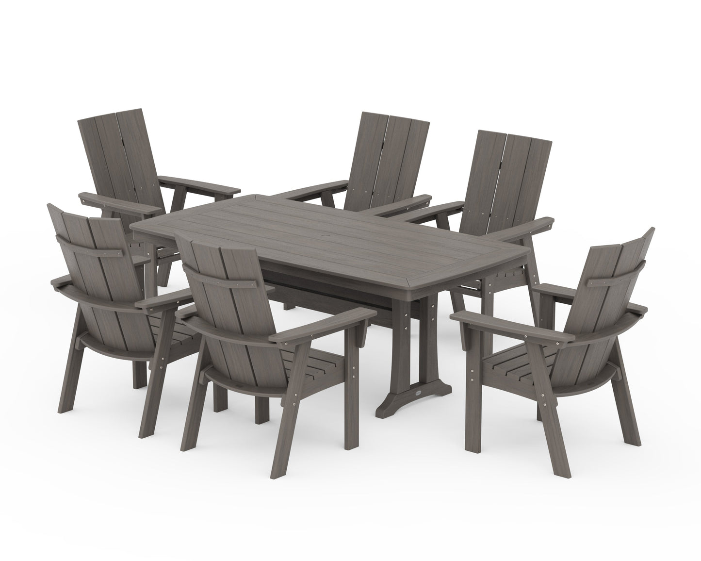 POLYWOOD Modern Curveback Adirondack 7-Piece Dining Set with Trestle Legs — Driftwood