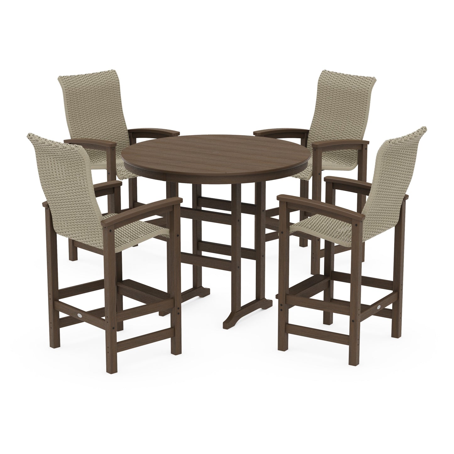 POLYWOOD Coastal Woven High-Back 5-Piece Round Farmhouse Bar Set — Kona / Dune Grass