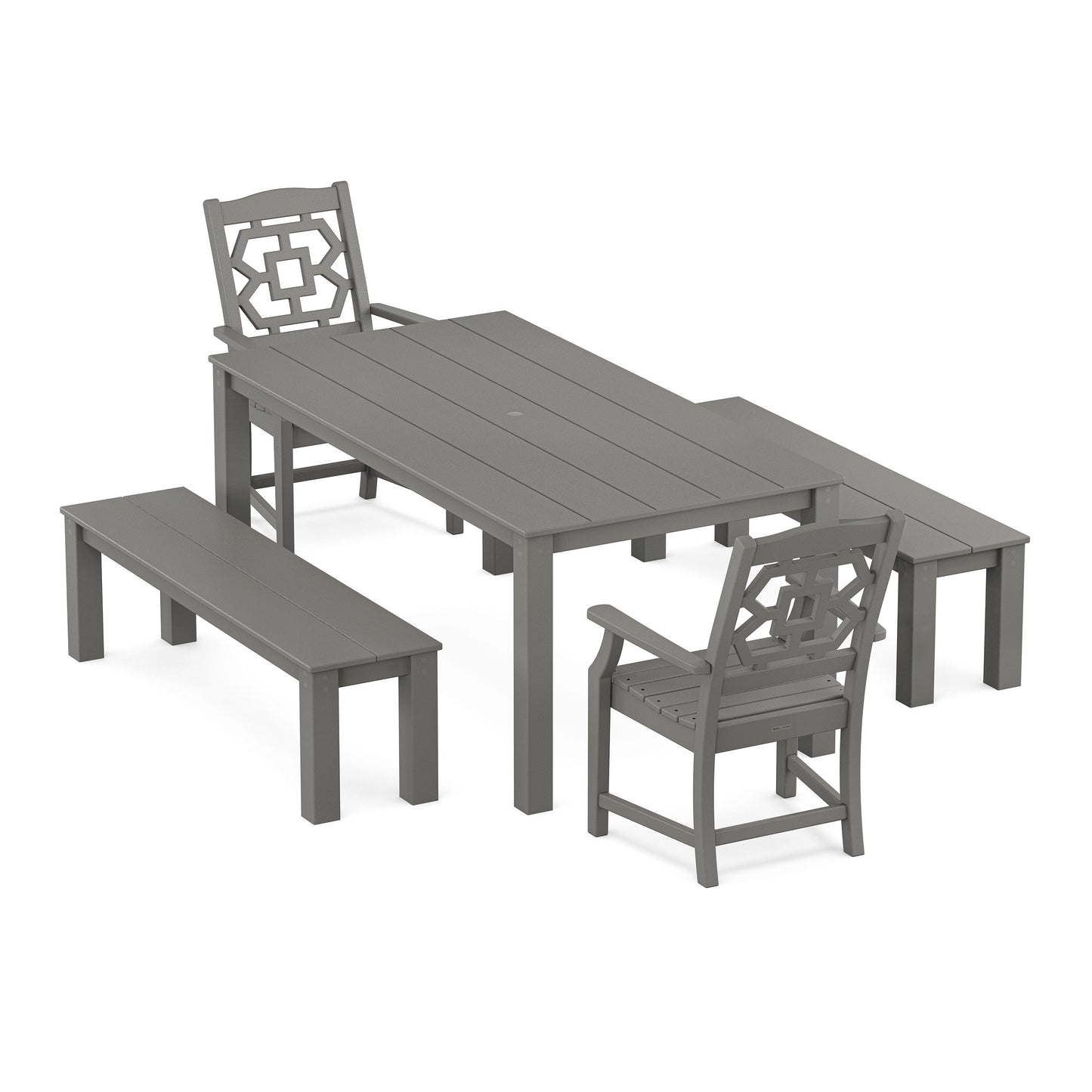 POLYWOOD Chinoiserie 5-Piece Parsons Dining Set with Benches — Slate Grey