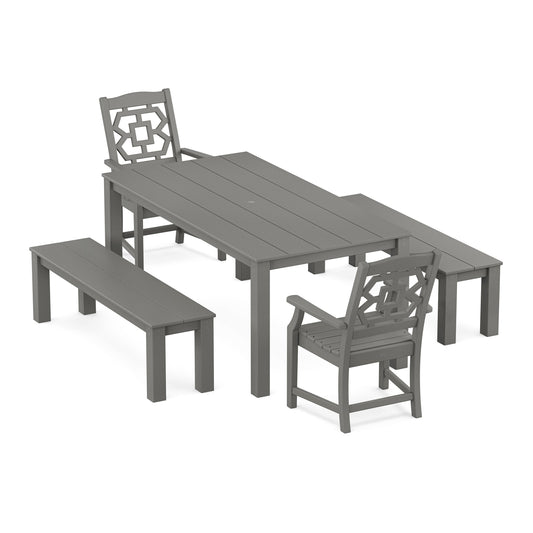POLYWOOD Chinoiserie 5-Piece Parsons Dining Set with Benches — Slate Grey