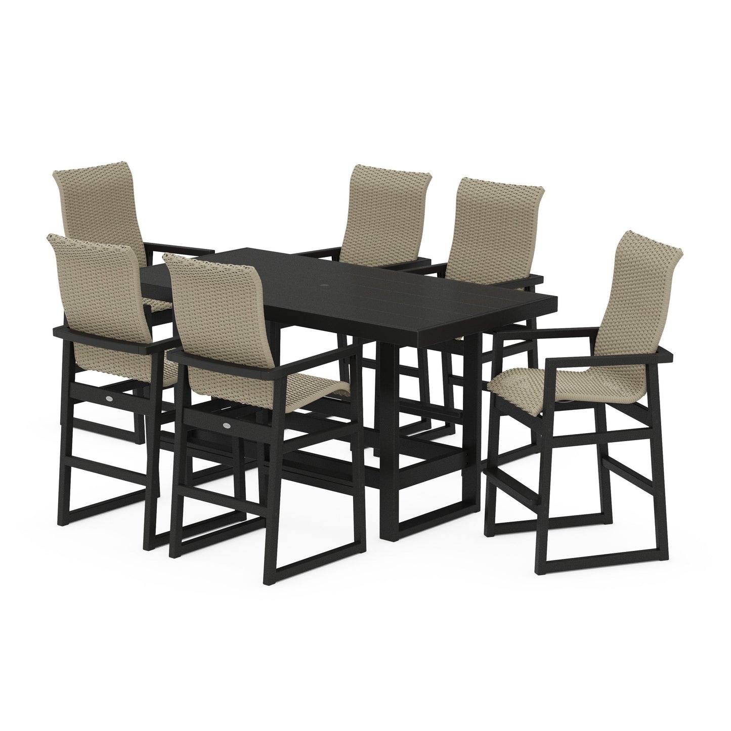 POLYWOOD EDGE Woven Highback Arm Chair 7-Piece Bar Set — Black / Dune Grass
