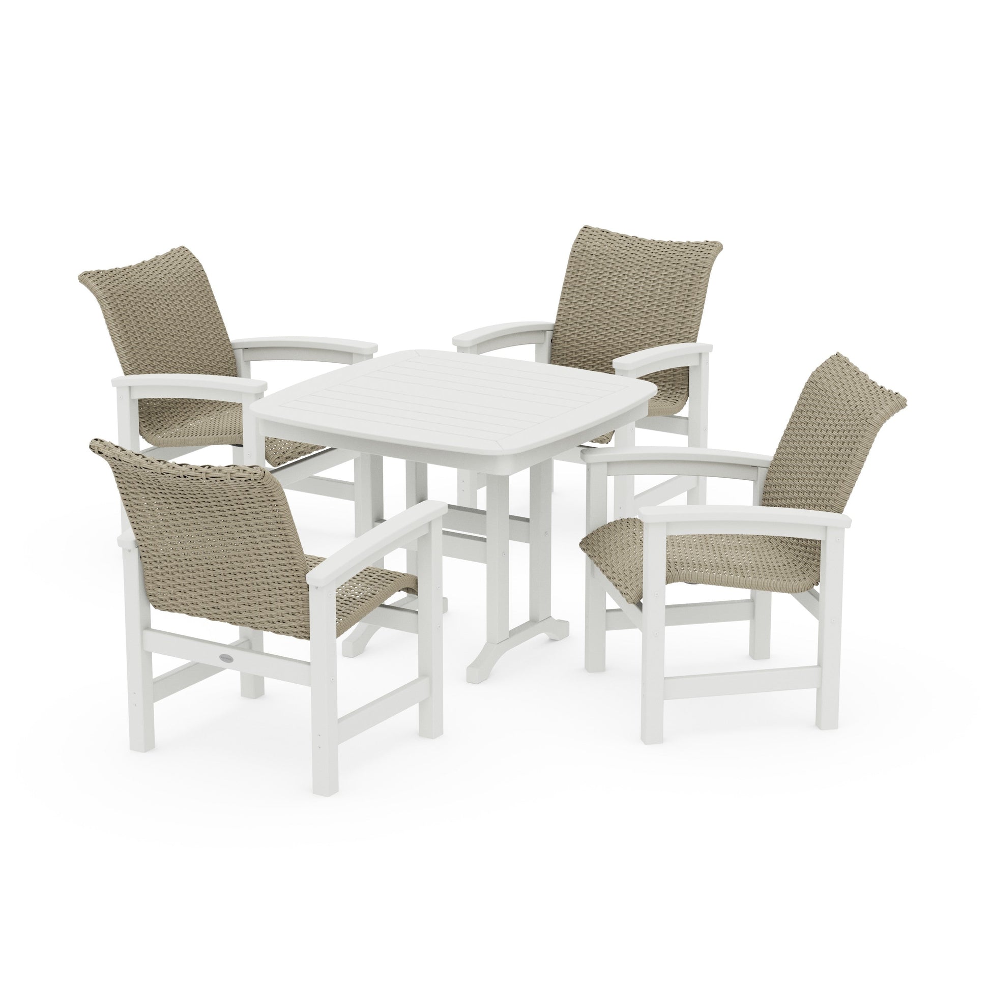 POLYWOOD Coastal Woven 5-Piece Dining Set — Vintage White / Dune Grass