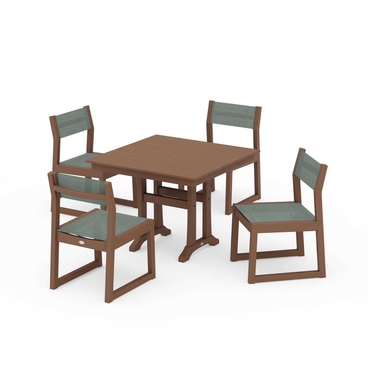 POLYWOOD EDGE Sling 5-Piece Farmhouse Trestle Side Chair Dining Set — Teak / Dupioni Sea Mist Sling