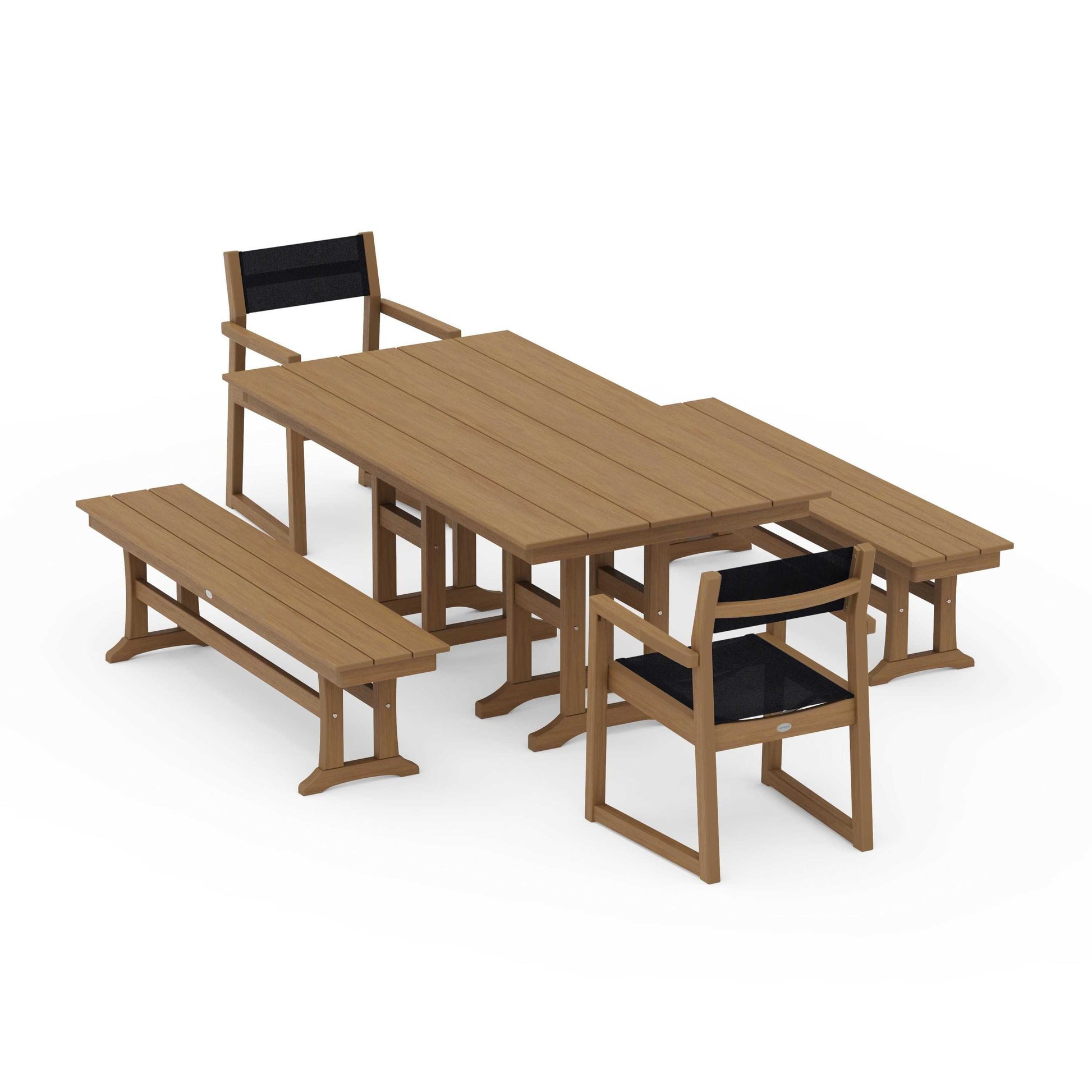 POLYWOOD EDGE Sling Arm Chair 5-Piece Farmhouse Dining Set with Benches — Natural / Black Sling