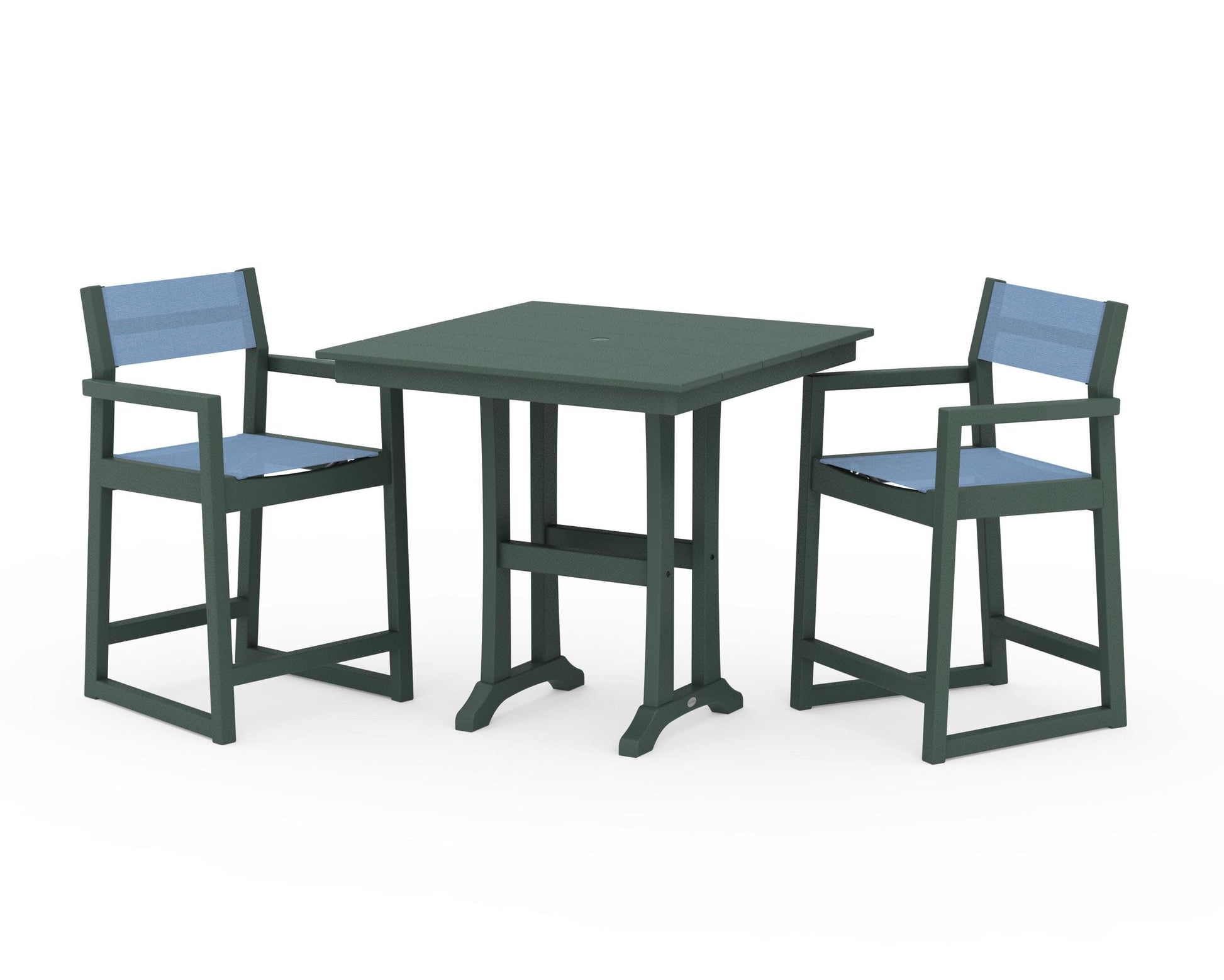 POLYWOOD EDGE Sling Arm Chair 3-Piece Farmhouse Counter Set with Trestle Legs — Green / Poolside Sling