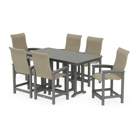 POLYWOOD Coastal Woven High-Back Arm Chair 7-Piece Farmhouse Counter Set — Slate Grey / Dune Grass