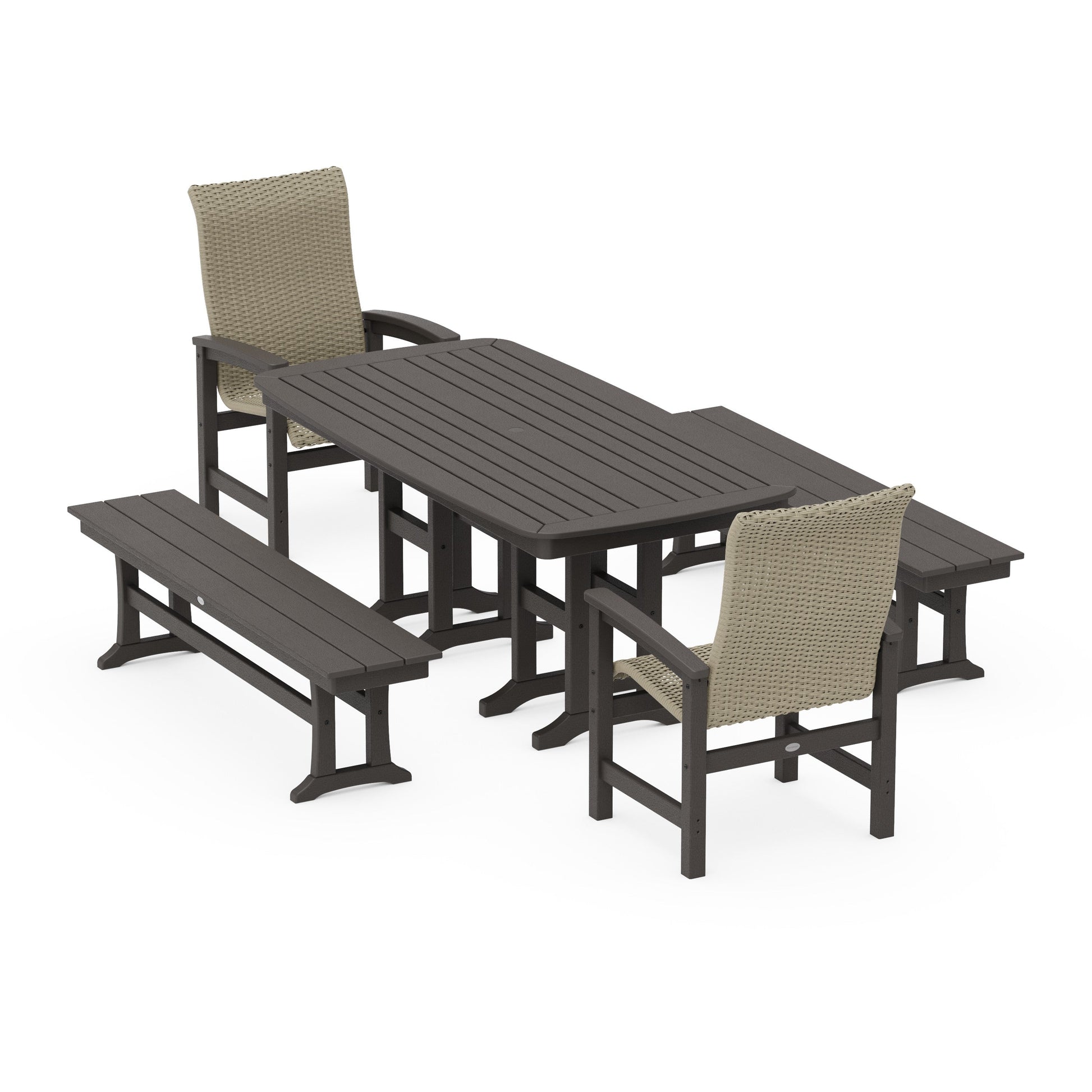 POLYWOOD Coastal Woven High-Back 5-Piece Dining Set with Benches — Vintage Coffee / Dune Grass