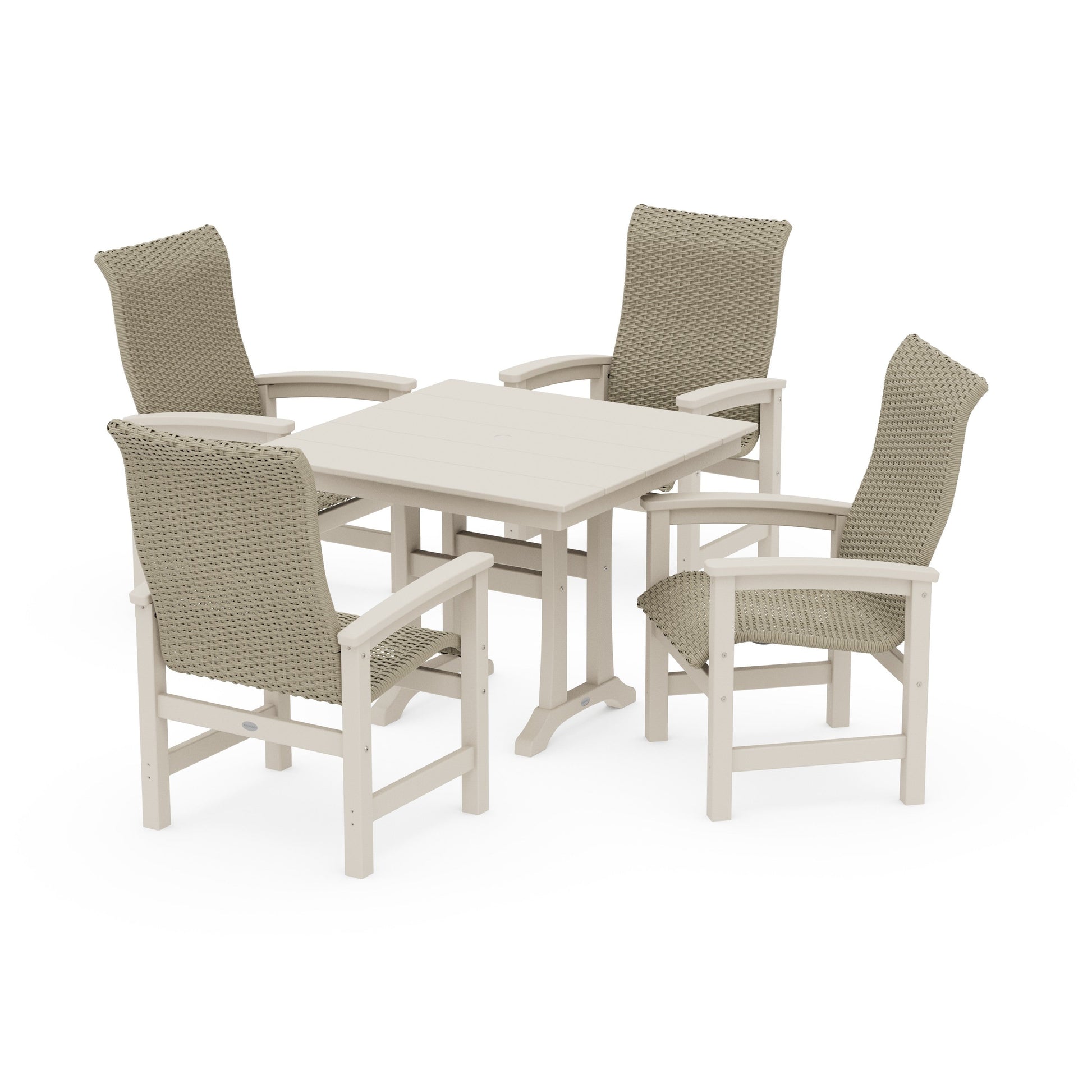 POLYWOOD Coastal Woven High-Back 5-Piece Farmhouse Dining Set with Trestle Legs — Sand / Dune Grass